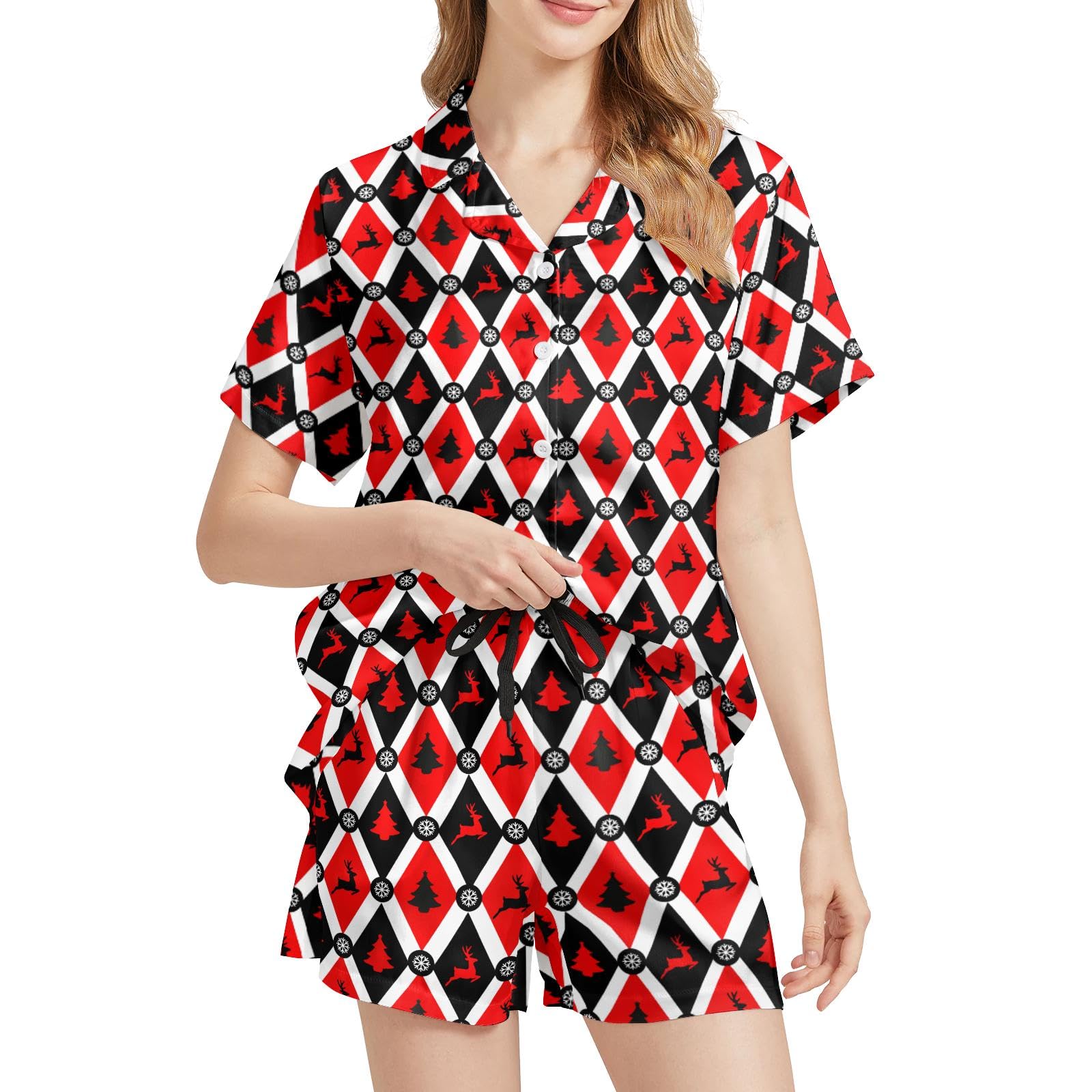Funny Pajamas for Women Set Print Satin Loungewear Pjs Short Sleeve Button Down Top and Shorts Sets Sleepwear XS-3XL