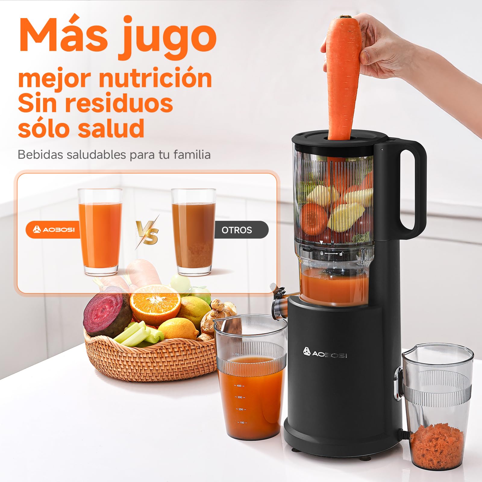 AOBOSI - Exprimidor lento de 135 mm XXL, orificio de llenado, 90 RPM, motor de cobre silencioso, sin BPA, alto rendimiento de zumo, para verduras y frutas, función de masticación inversa, ganador de