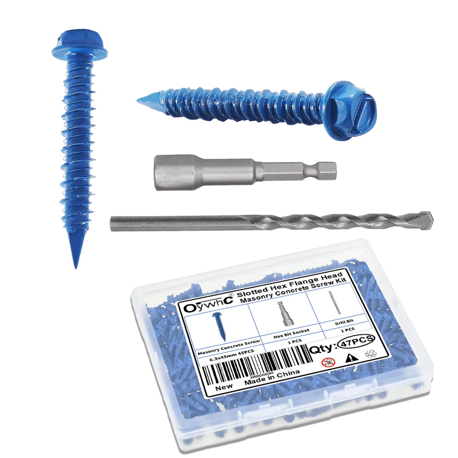 OywhC 45Pcs Masonry Concrete Screws 6.3mm x 45mm with Hexagon Socket Bit & Drill Bit, Special Blue Coating, Hexagon Flange Head, Conical Diamond Tip, High-Low Threads, for Masonry/Concrete/Brick/Block
