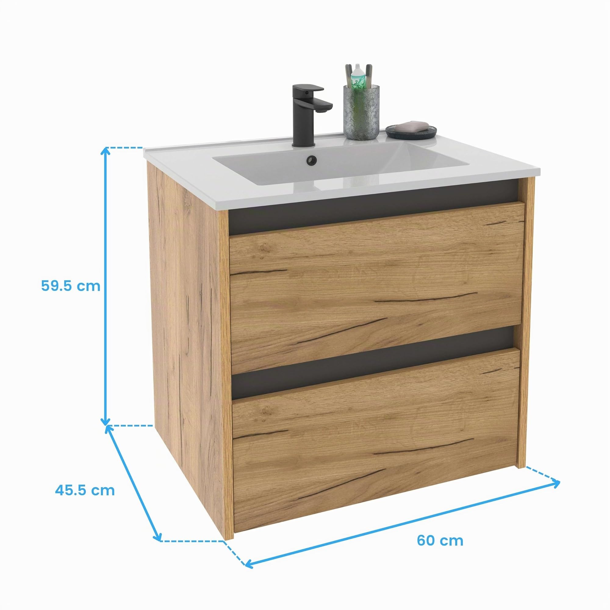MUEBLES PITARCH Mobile da bagno 60 cm di larghezza, sospeso, 2 cassetti, rovere Kraft con un tocco grigio, per lavabo da incasso, stile moderno, modello Nilo