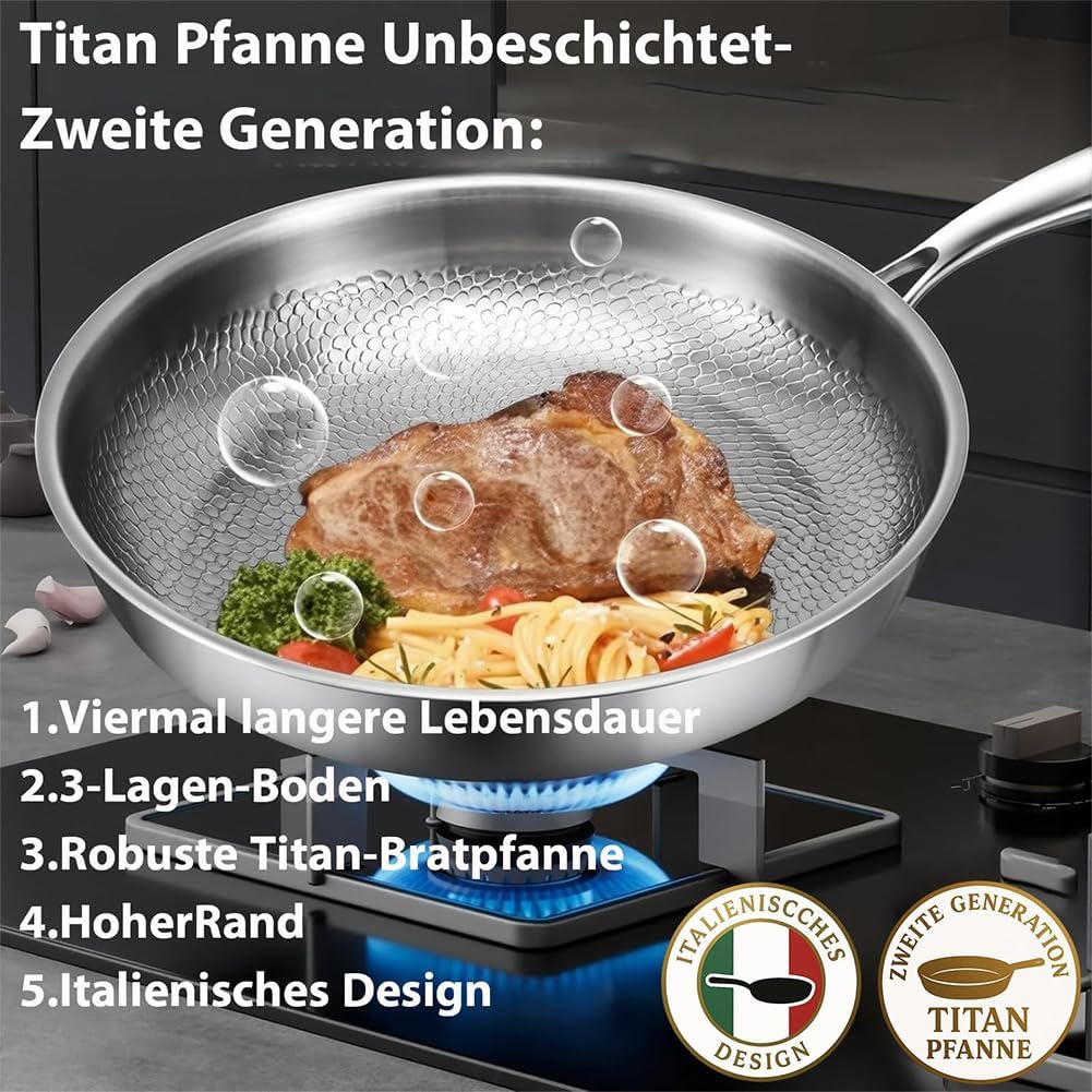 Sarten Acero 304, Sartén De Titanio Puro Antiadherente Con Estructura Tricapa, Cocción rápida y uniforme, Ultrarresistente Y Fácil De Limpiar, Mango ergonómico, Apto inducción, Gas (26cm, Sin Tapa)