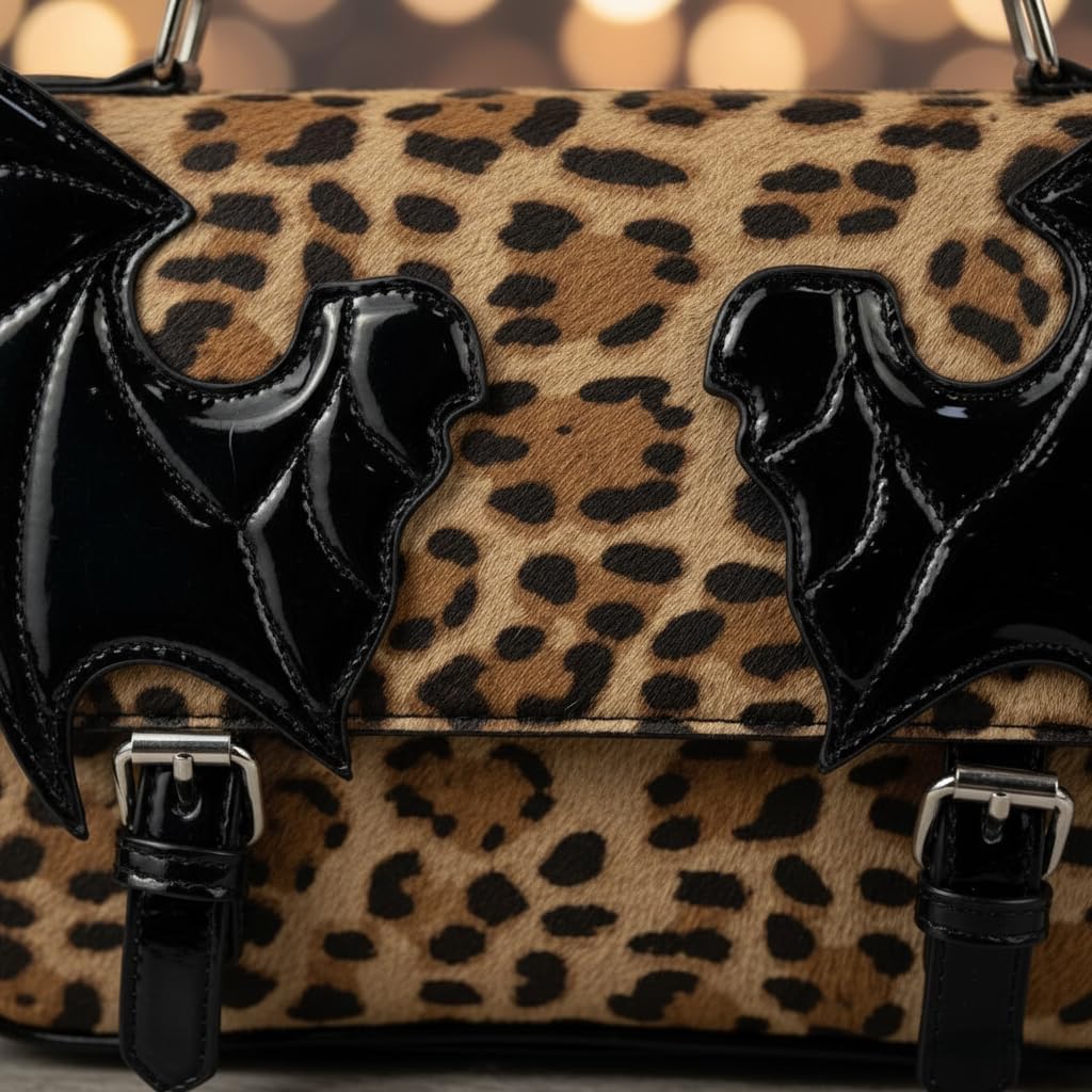 Gothic Bat Wing Backpack Purse, Black Faux Leather, Convertible Shoulder Bag with Metal Hardware (leopard print)