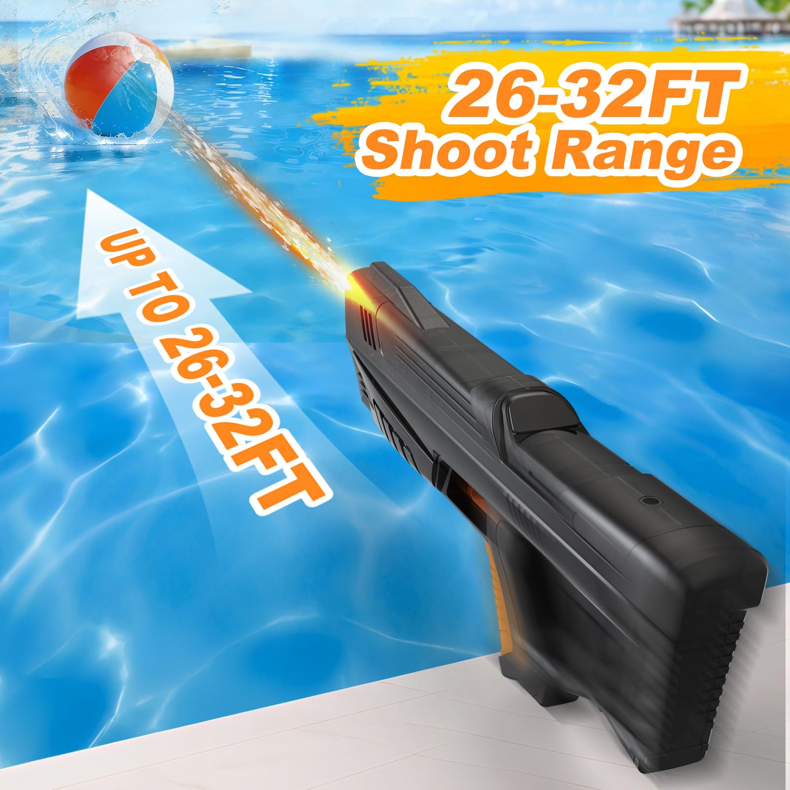Electric Water Gun for Adults & Kids with Colorful LED Light,Automatic Fill Up Water Blaster Squirt Guns with Flashing Head,Range up to 32FT, Summer Outdoor Toy for Swimming Pool Beach Party (Black) - 4