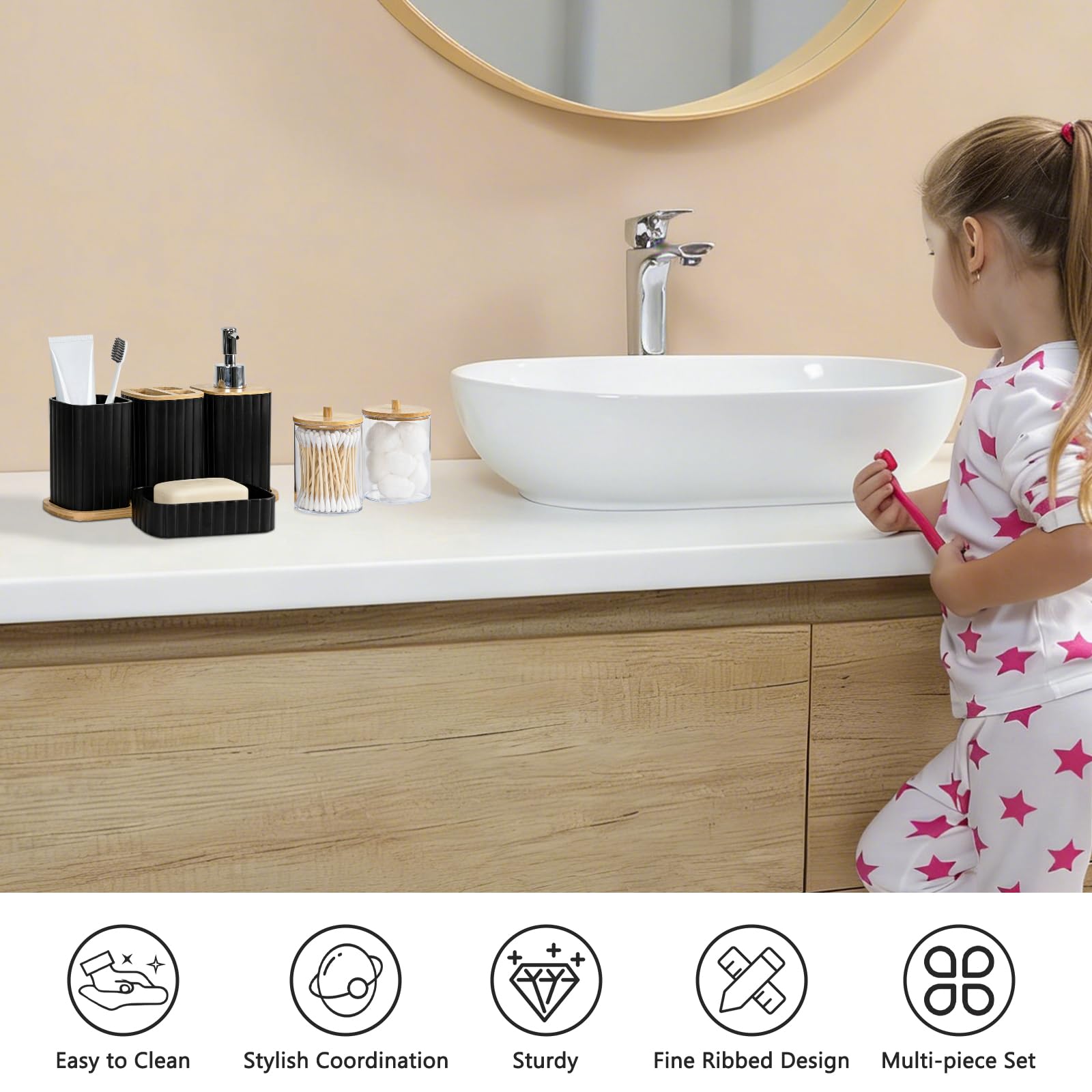Capslpad Set di 9 accessori da bagno moderni con cestino, scopino per WC, portaspazzolino, tazza per spazzolino da denti, dispenser di sapone per lozione, portasapone, porta Qtip, vassoio per la