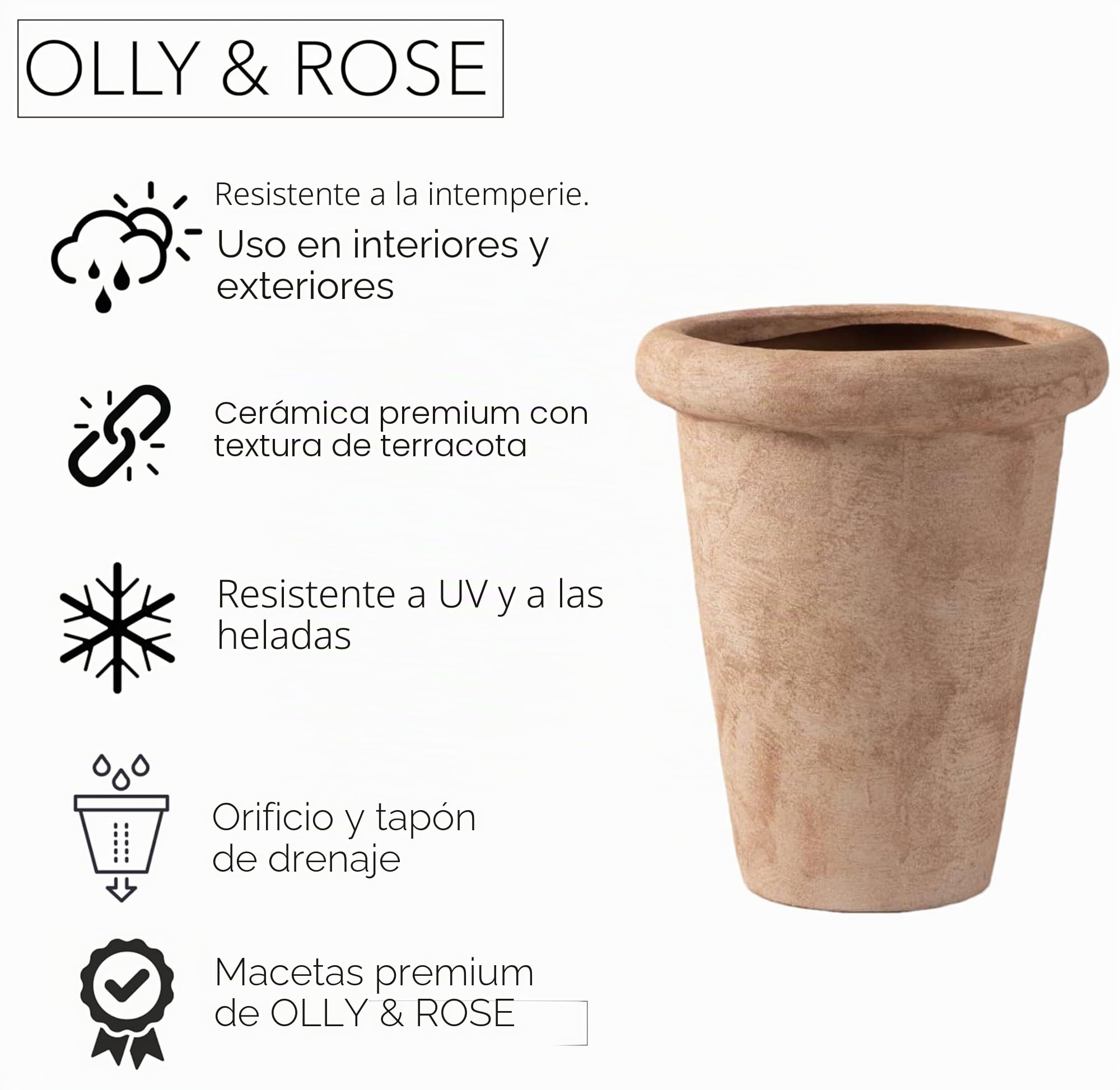 Olly & Rose Sienna - Maceta alta de terracota de 24 x 28,5 cm, macetas grandes para exteriores e interiores, macetas de terracota