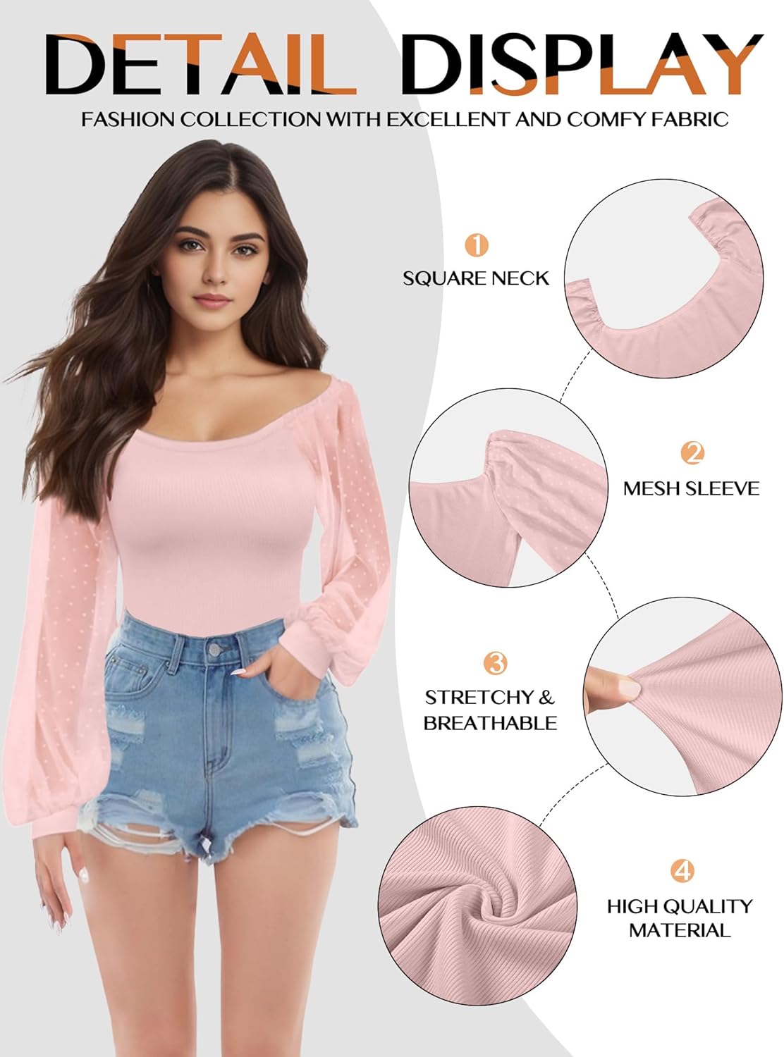 Womens Mesh Long Sleeve Shirts Dressy Tops, Casual Puff Sleeve Blouses Shirts for Women, Scoop Neck Casual Blouses Fall Tunic Tops (Pink, L) - Image 4