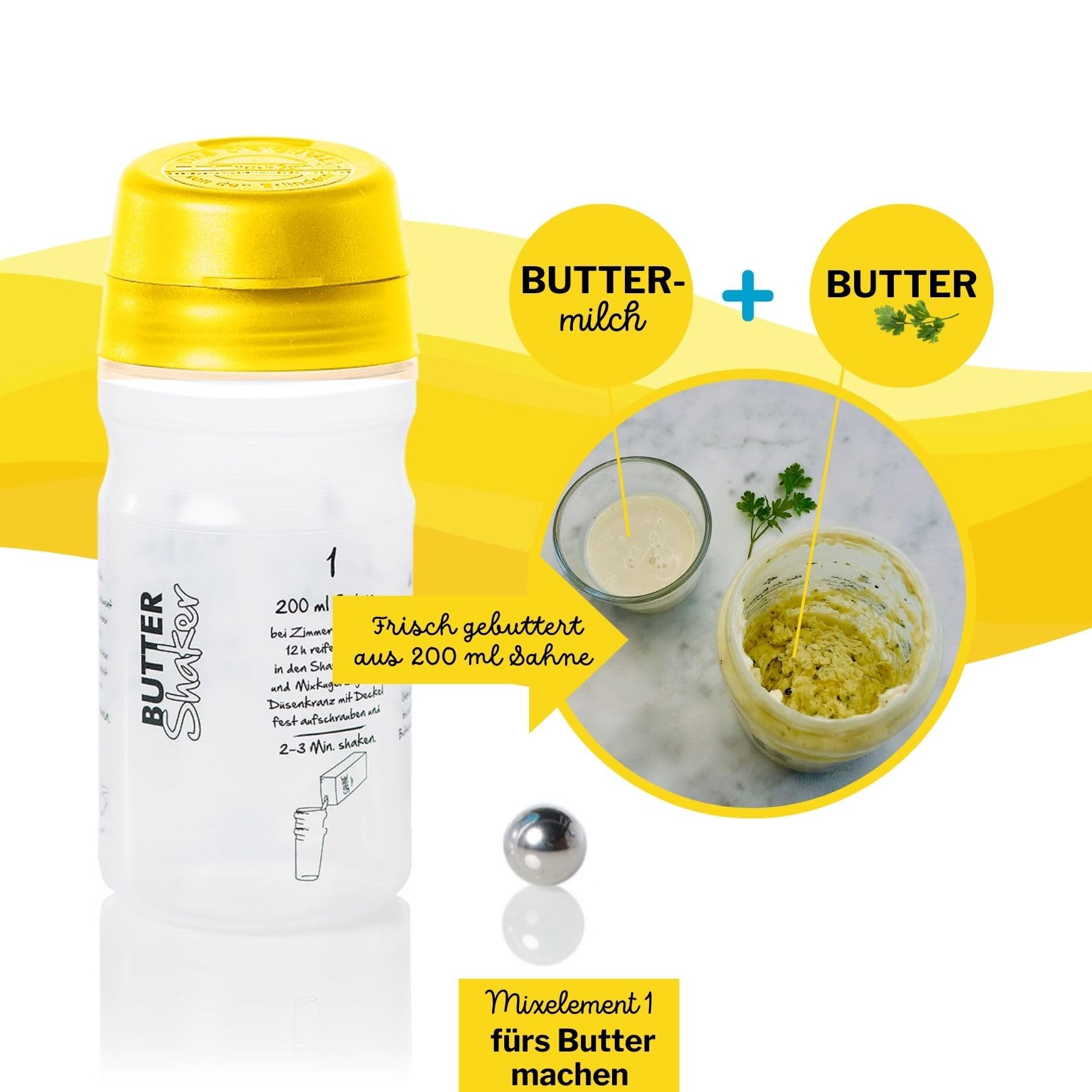EINSTEIGER-Set für EINFACHES Butter Machen mit dem patentiertem Butter-Shaker (325ml) in GELB + kreativem Rezeptbuch (Verlag Südwest). Viele Neue Rezepte für Butter und Buttermilch