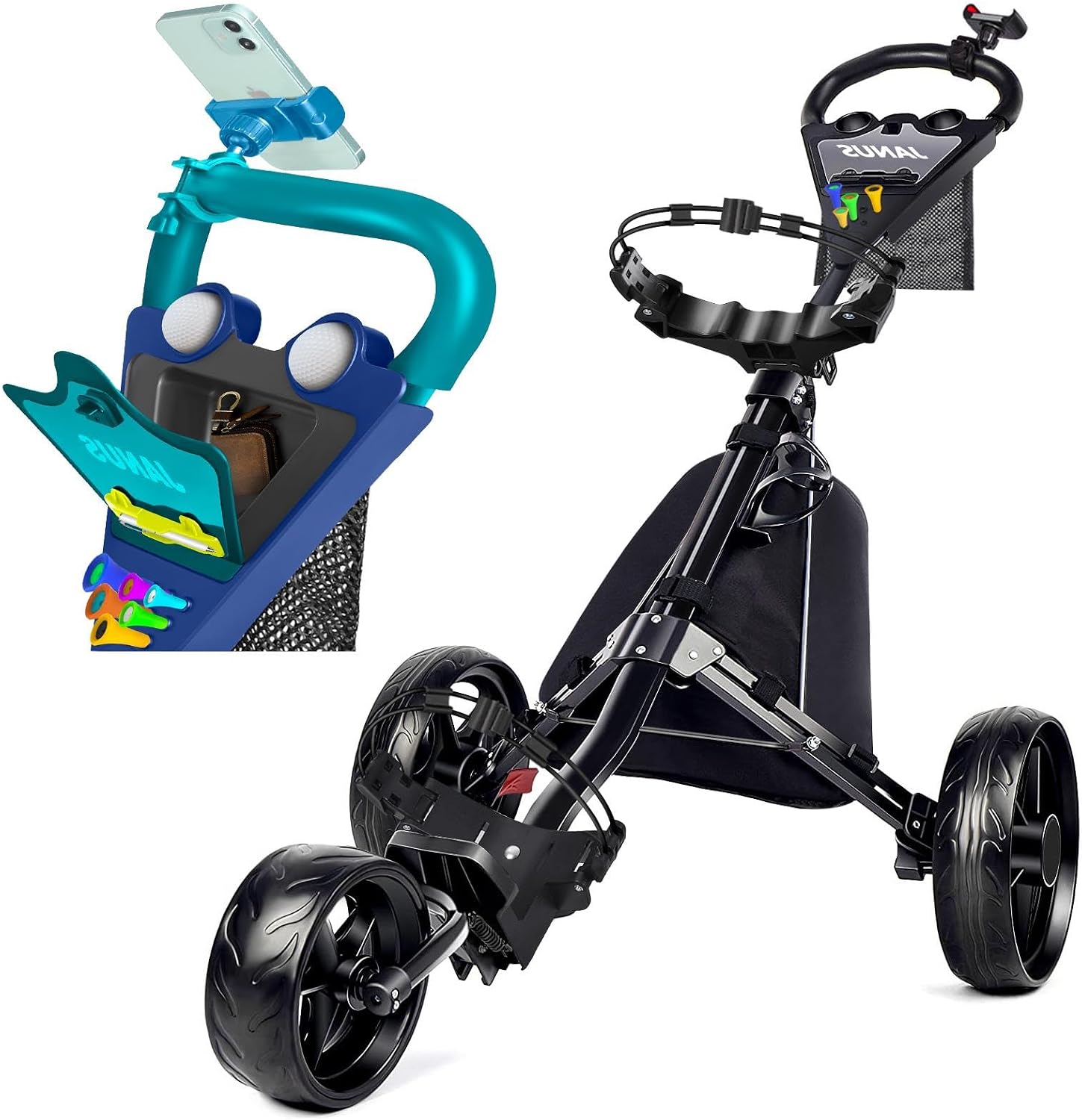 JANUS Pace Golf Push Cart with 360° Rotating Phone Holder, 3-Wheel Foldable Golf Cart with One-Click Folding, Wide EVA Wheels, Foot Brake, Adjustable Handle, Cooler Bag & Scorecard Console