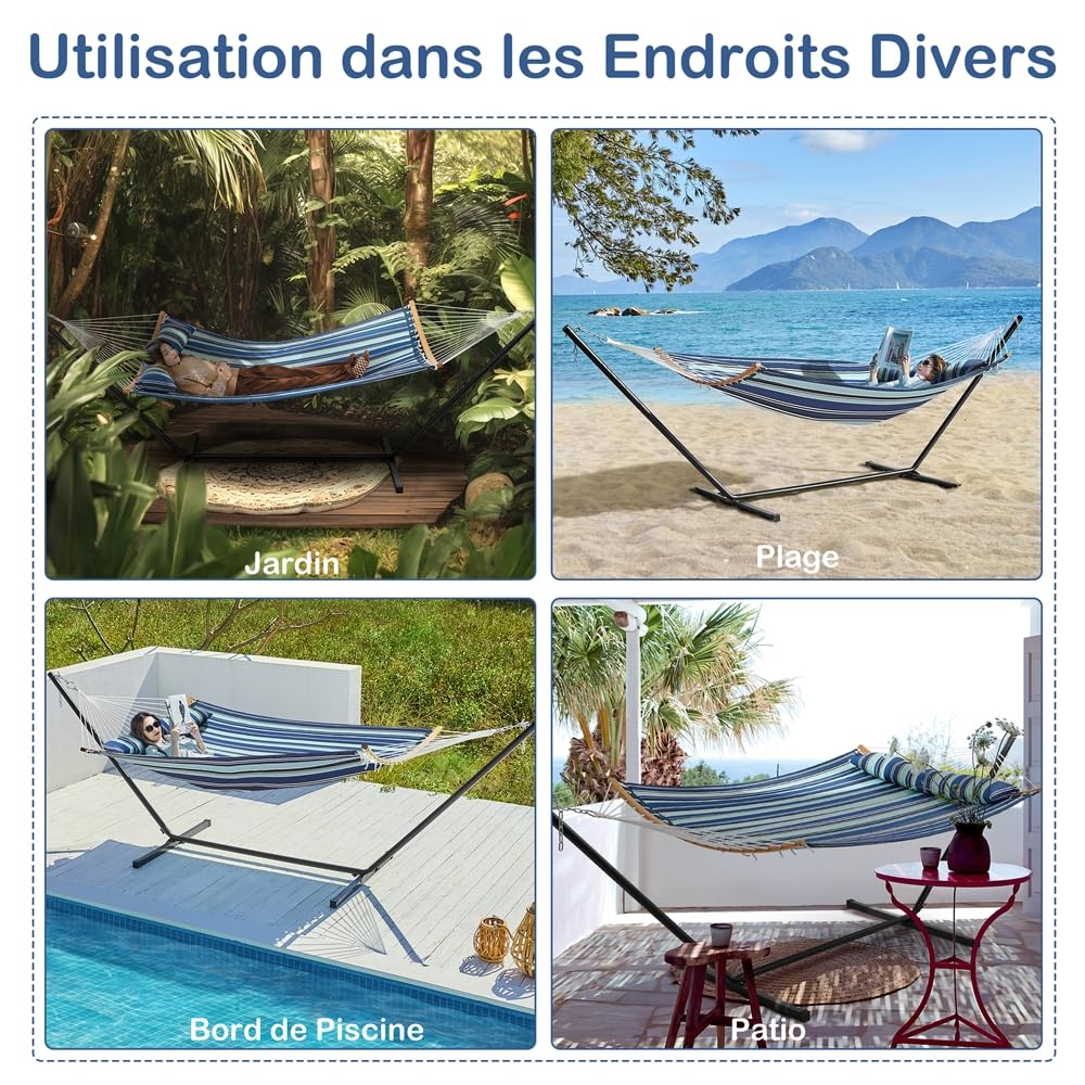Yaheetech Hamac avec Support en Métal Hamac sur Pied pour 2 Personnes Toile avec Barre Oreiller Sac de Transport pour Extérieur Intérieur Jardin Terrasse Charge 216 kg