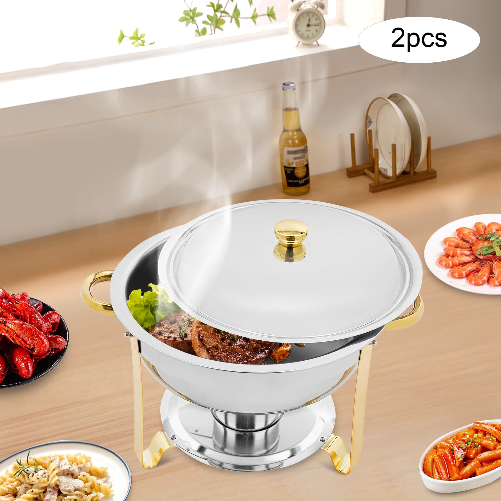 Set di 4 contenitori a buffet per chafing dish, in acciaio inox, 4 x 4,5 l, scaldamani per catering buffet e feste (2 pezzi/oro)