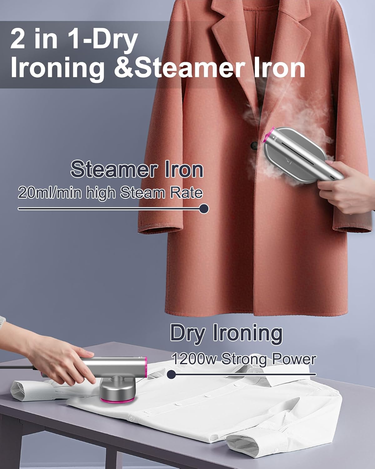 Travel Steamer for Clothes, Portable Handheld Steamer for Clothes, 1200W Strong Power, 15S Fast Heat-up, Strong Penetrating Steam, 2 In 1, 110V-120V