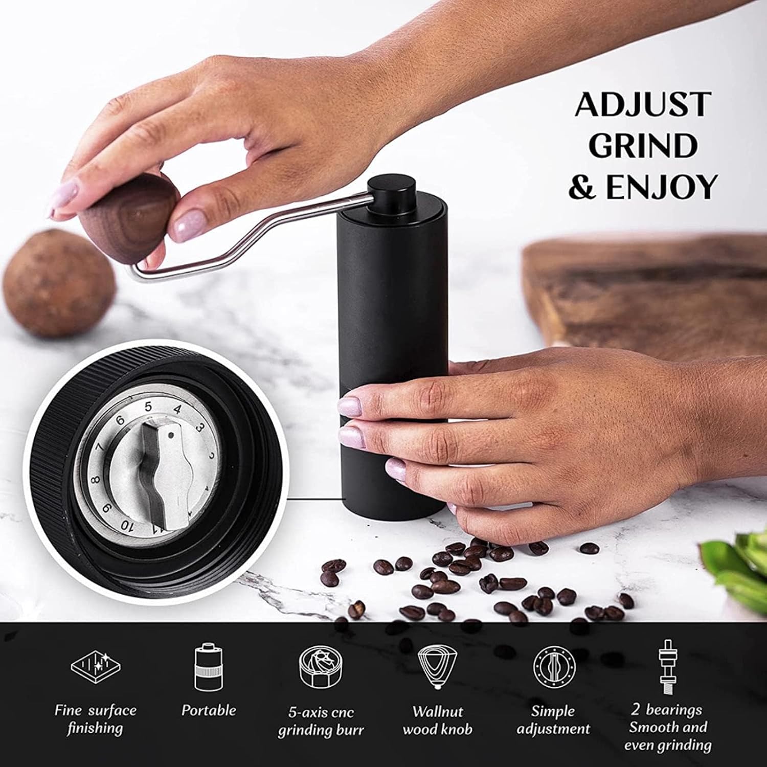 Manual Coffee Bean Grinder, Stainless Steel Coffee Grinder, 12 Grind Settings, Portable Spice Grinder for Coffee Beans (Champagne)