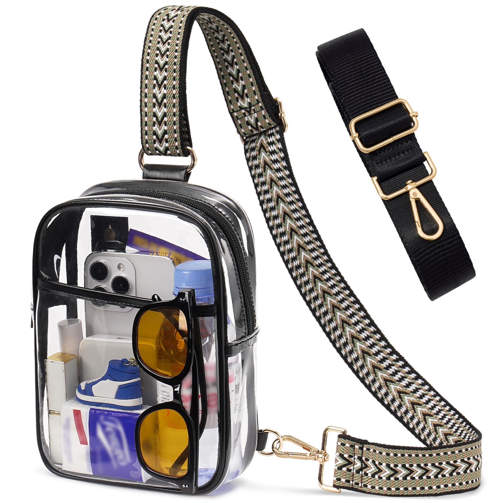 QOECI 3 Pockets Clear Bag for Stadium Events with 2 Long Straps Sling Backpack Fanny Pack Concert Crossbody Purses for Women, 1# Black-f, S, Style 1