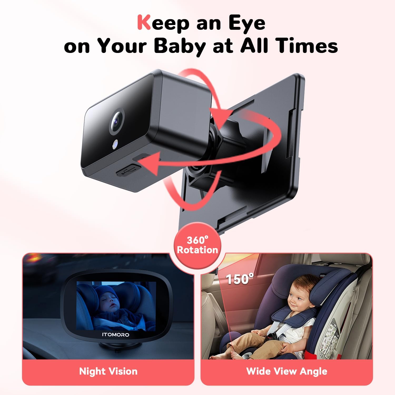 Itomoro Wireless Baby Car Camera, Rechargeable Car Baby Monitor with 5" HD 1080P Night Vision Display, Backseat Camera for Kids Max Range 1000FT, Easy Installation 360° Rotatable Rear Facing Mirrors