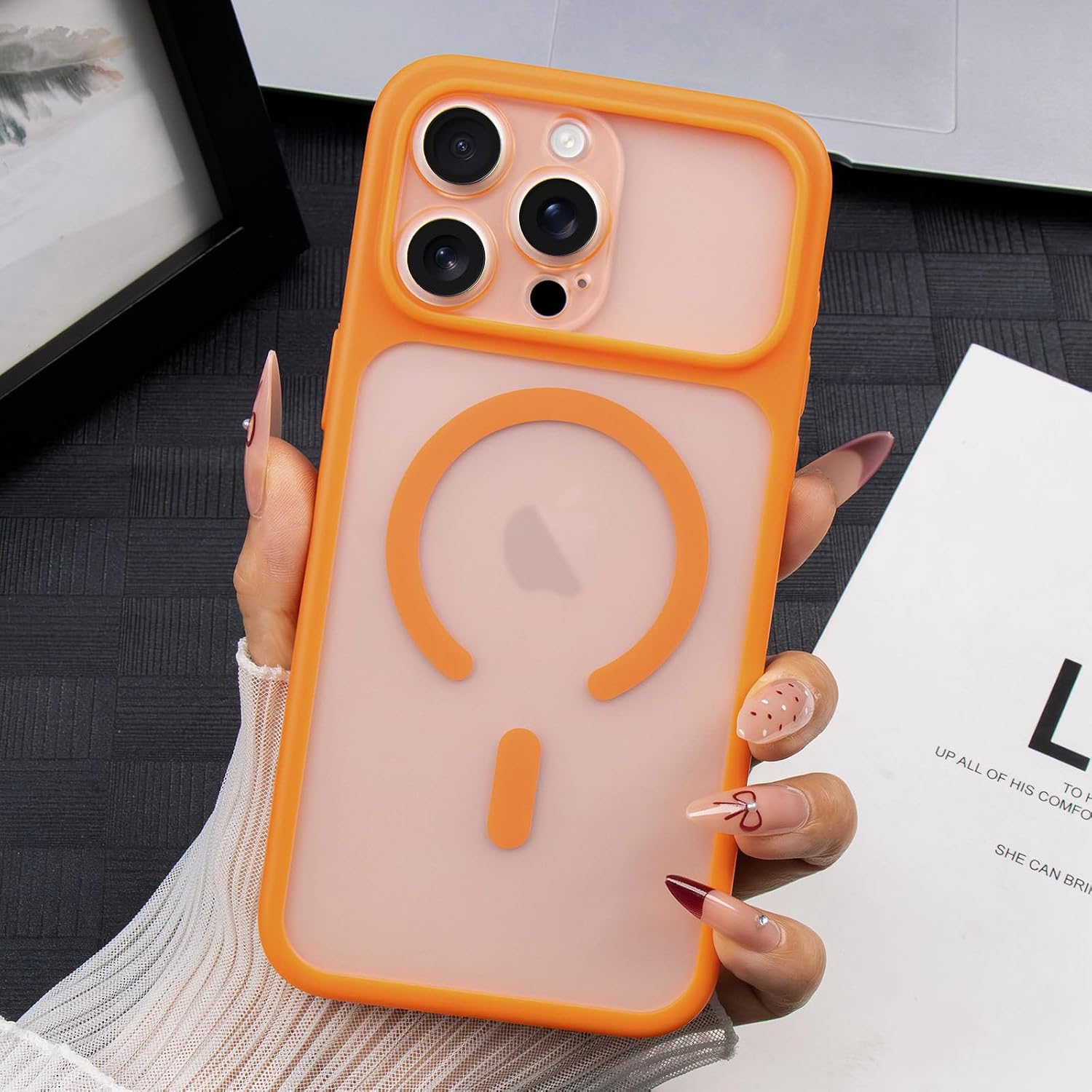 for iPhone 17 pro Magnetic Compatible with MagSafe, Translucent Matte Shockproof Slim Cell Phone Cover Anti-Fingerprint Frosted Protective Hard Back for iPhone 17 Pro, Orange