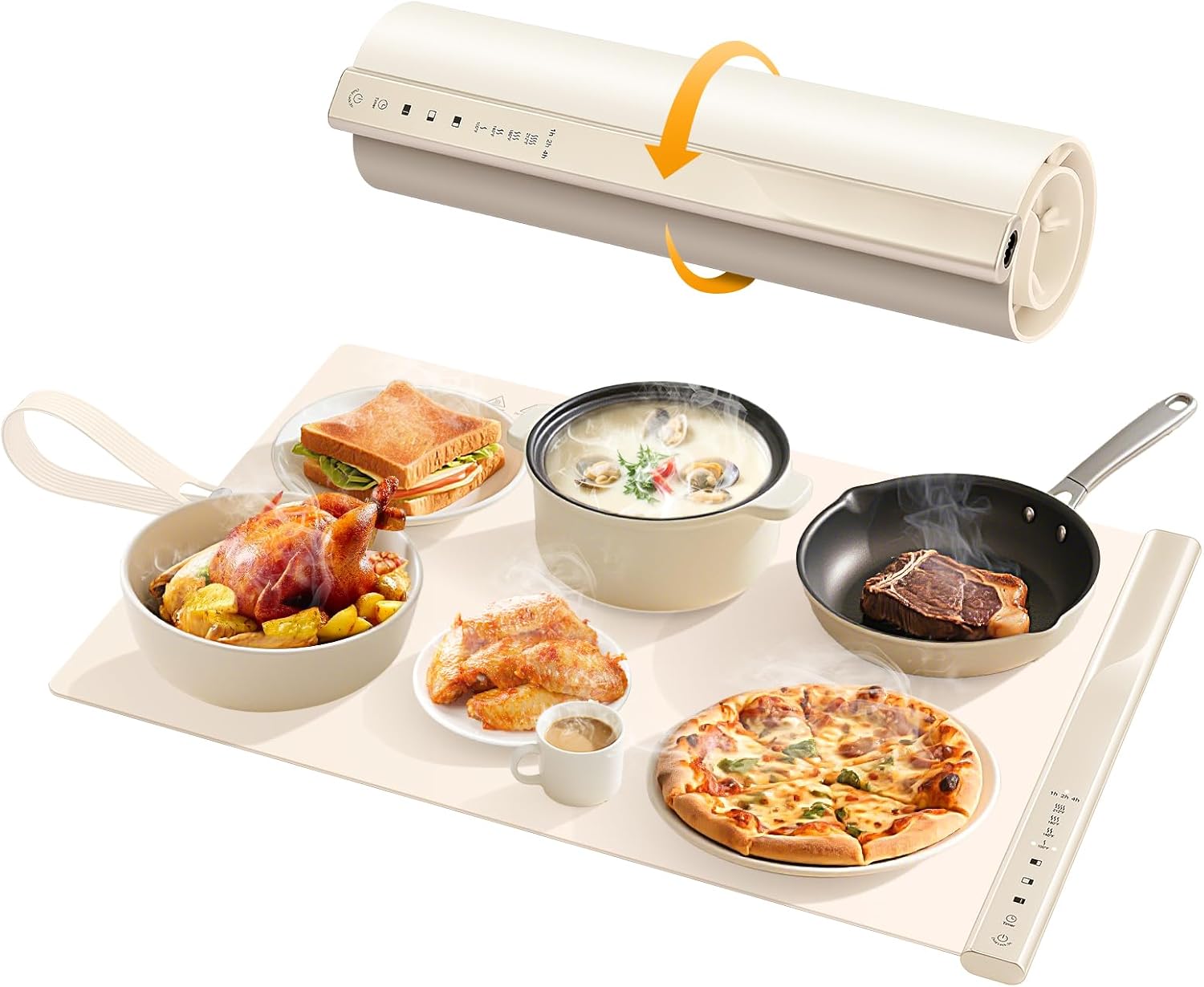 FOHERE Food Warming Mat displaying different temperatures for left and right zones with various dishes.