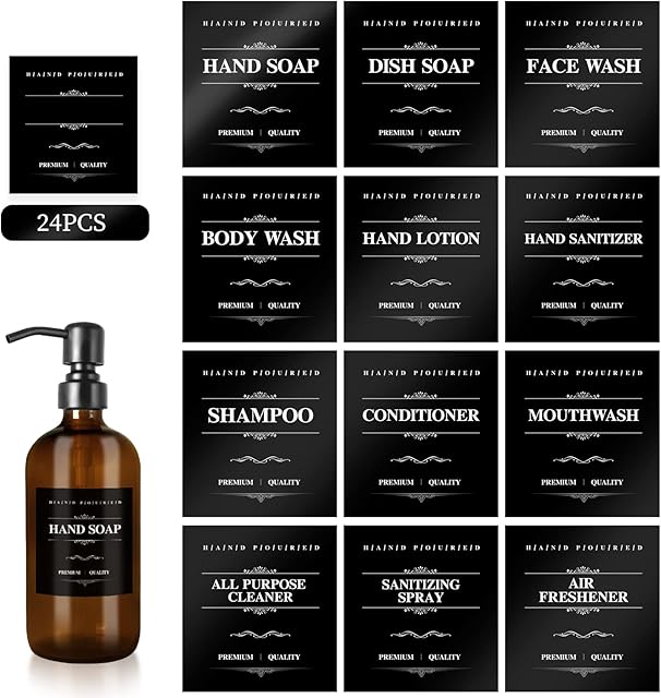 24pcs Black Waterproof Bottle Label Stickers for Dispenser Bottles Farmhouse Label Shampoo Dispenser Stickers for Kitchen Bathroom - 2.76 x 2.56 inches