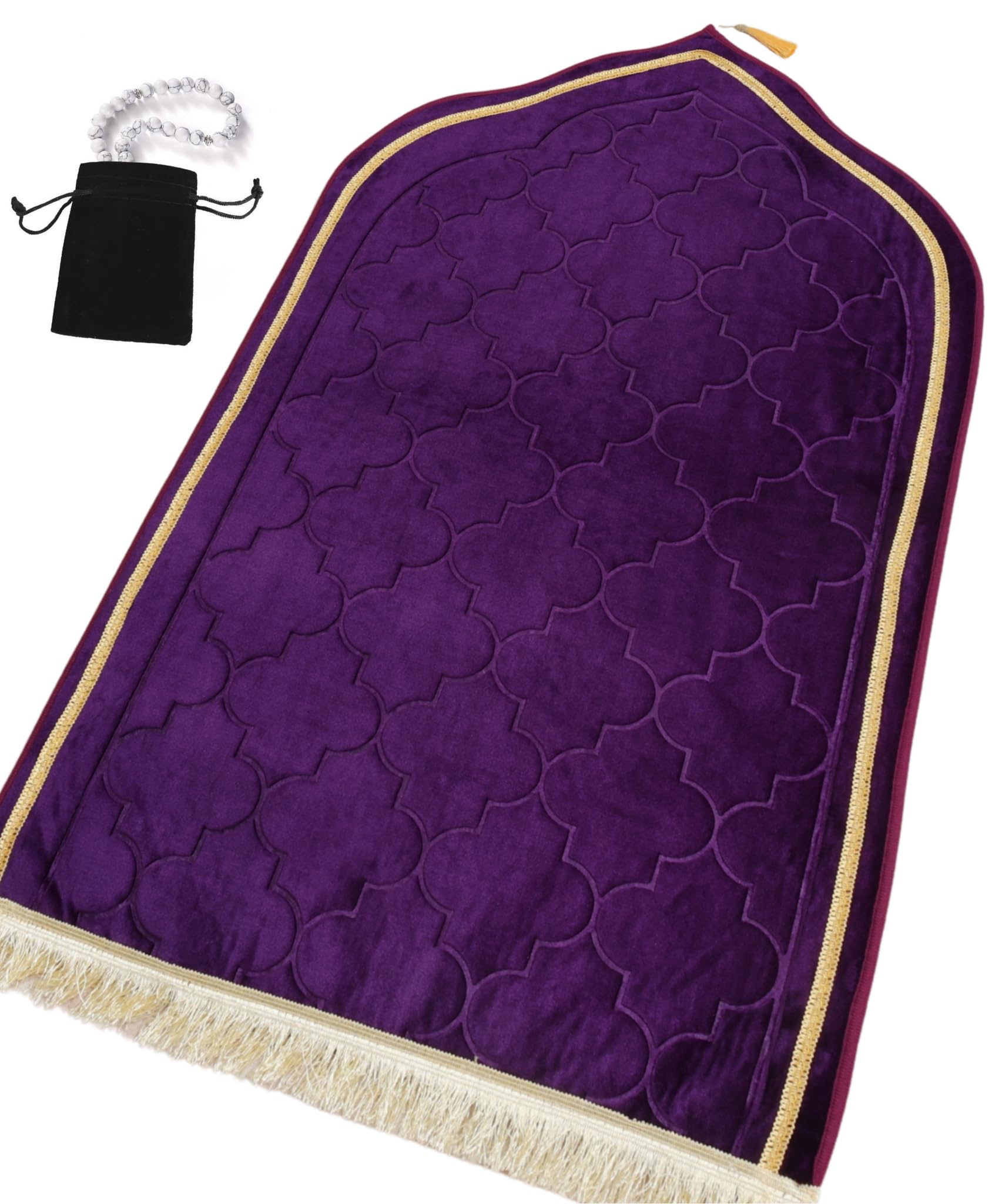 Islamika Prayer Mat Islamic Muslim Rug - Thick Padded mat Sajadah Men Women with Islam Prayer Beads for Eid Travel Ramadan, Soft and Padded (Purple)
