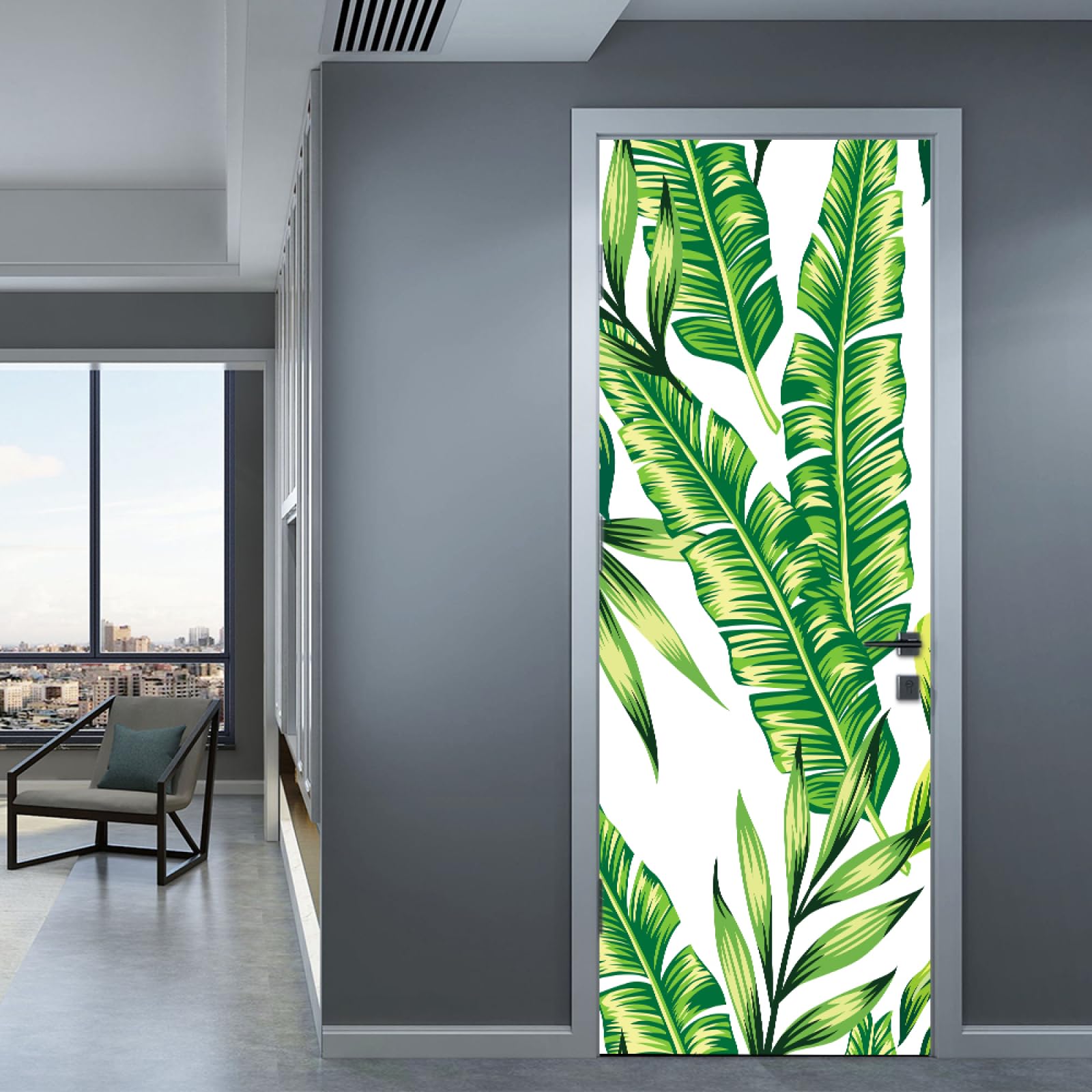 Sticker porte poster feuille de bananier verte papier peint 83x204cm