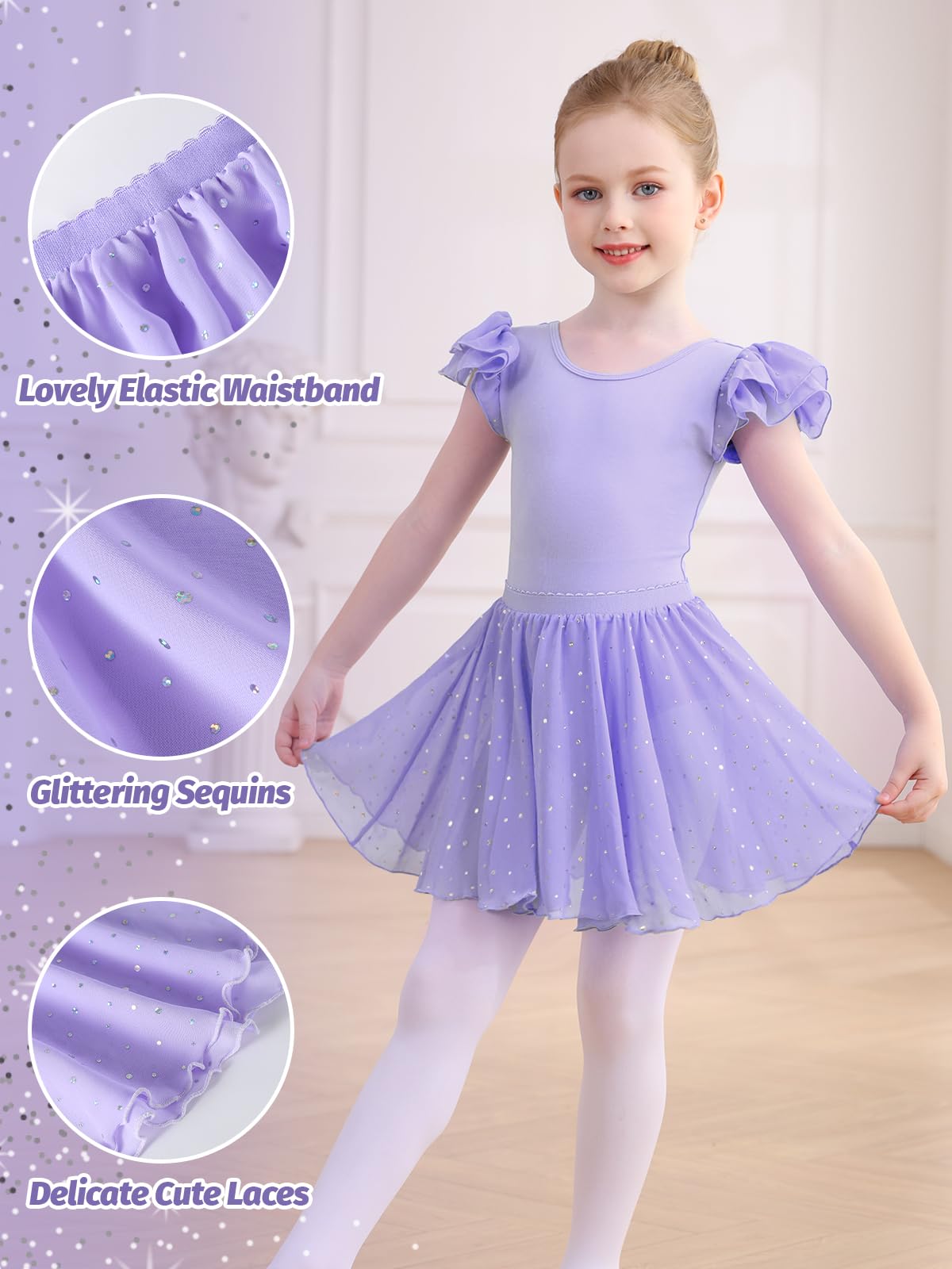 Body da danza per bambina, con maniche a volant, con gonna rimovibile glitterata, per bambine da 2 a 11 anni
