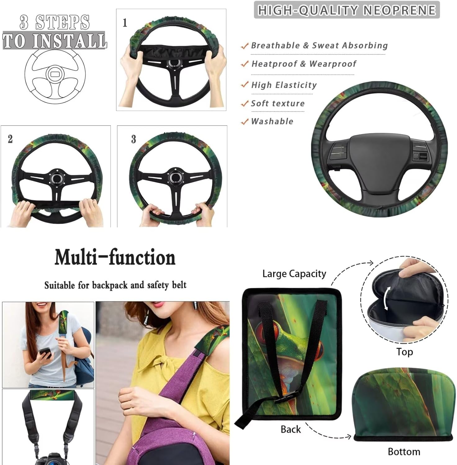 XYZCANDO Cute Frogs Auto Seat Cover Sets 15 PCS Car Seat Cover Set Seat Belt Pads Cover Steering Wheel Cover Storage Box Car Rear View Mirror Cover Coasters Keychain Garbage Bag Fit Most Cars