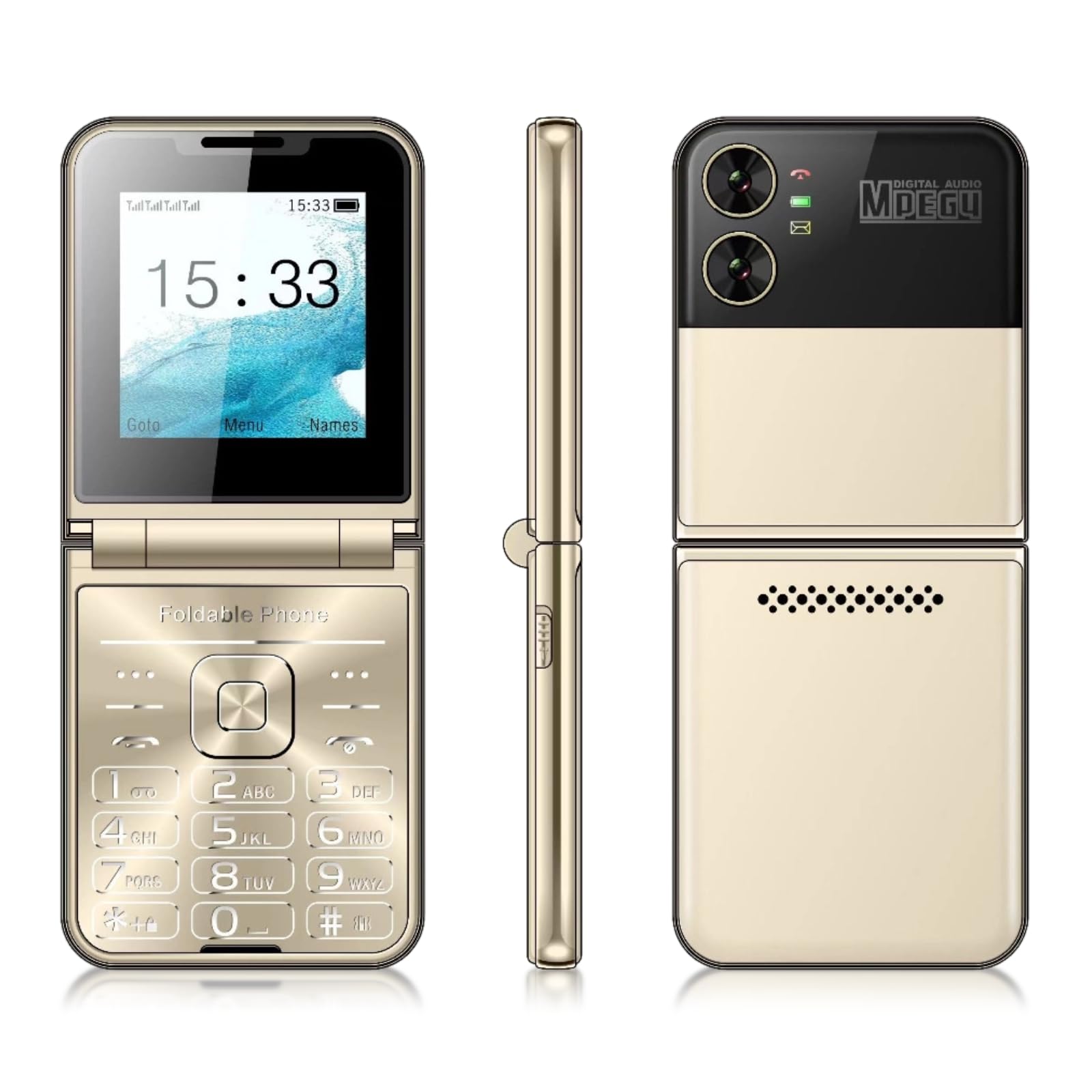 Telefon komórkowy dla seniorów z pokrywą, podwójny wyświetlacz, duże przyciski, szybkie wybieranie, czysty dźwięk, kamera HD, latarka LED (złota)