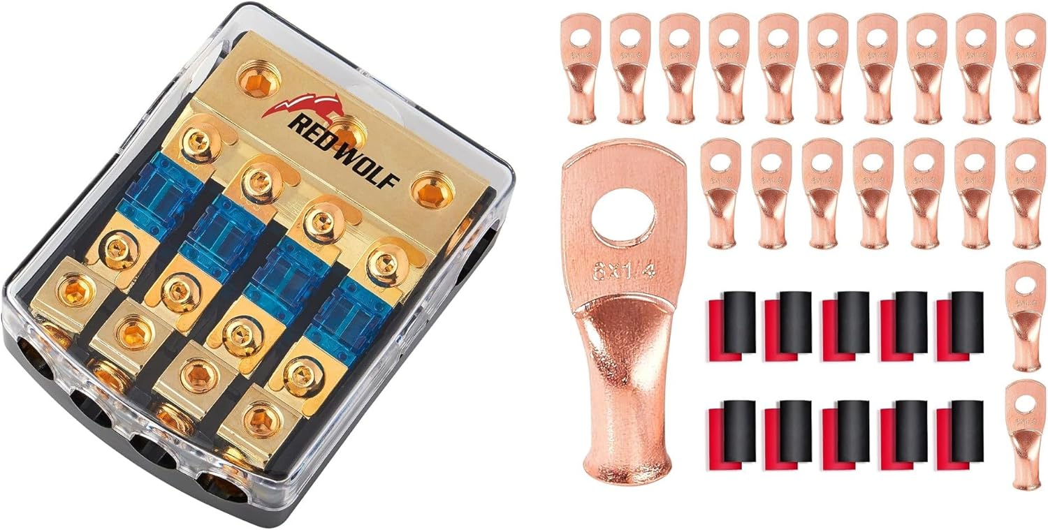 RED WOLF 4 Way ANL Fuse Holder + 6 AWG 1/4" Copper Wire Ring Terminals, Fuse 60A, 0/2/4 Gauge In 4/8 Gauge Out for Car Boat Trolling Motor Marine Audio Amplifier Stereo Video System 12V