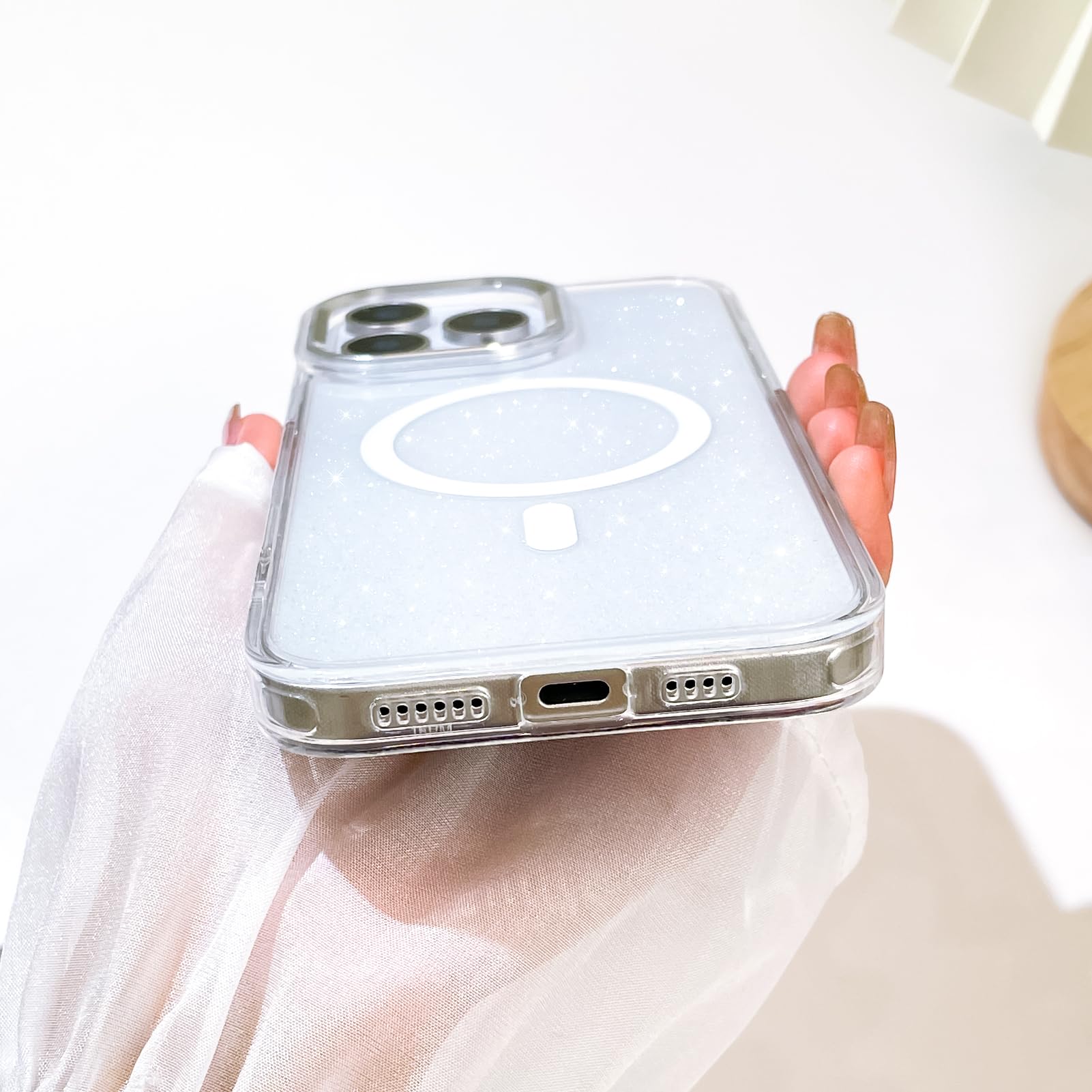 SAKUULO Funda magnética para iPhone 14 Pro MAX Compatible con Magsafe, Brillante con Cristal Iridiscente láser Brillante, a Prueba de Golpes, Funda Protectora para Mujeres y Hombres, Color Blanco