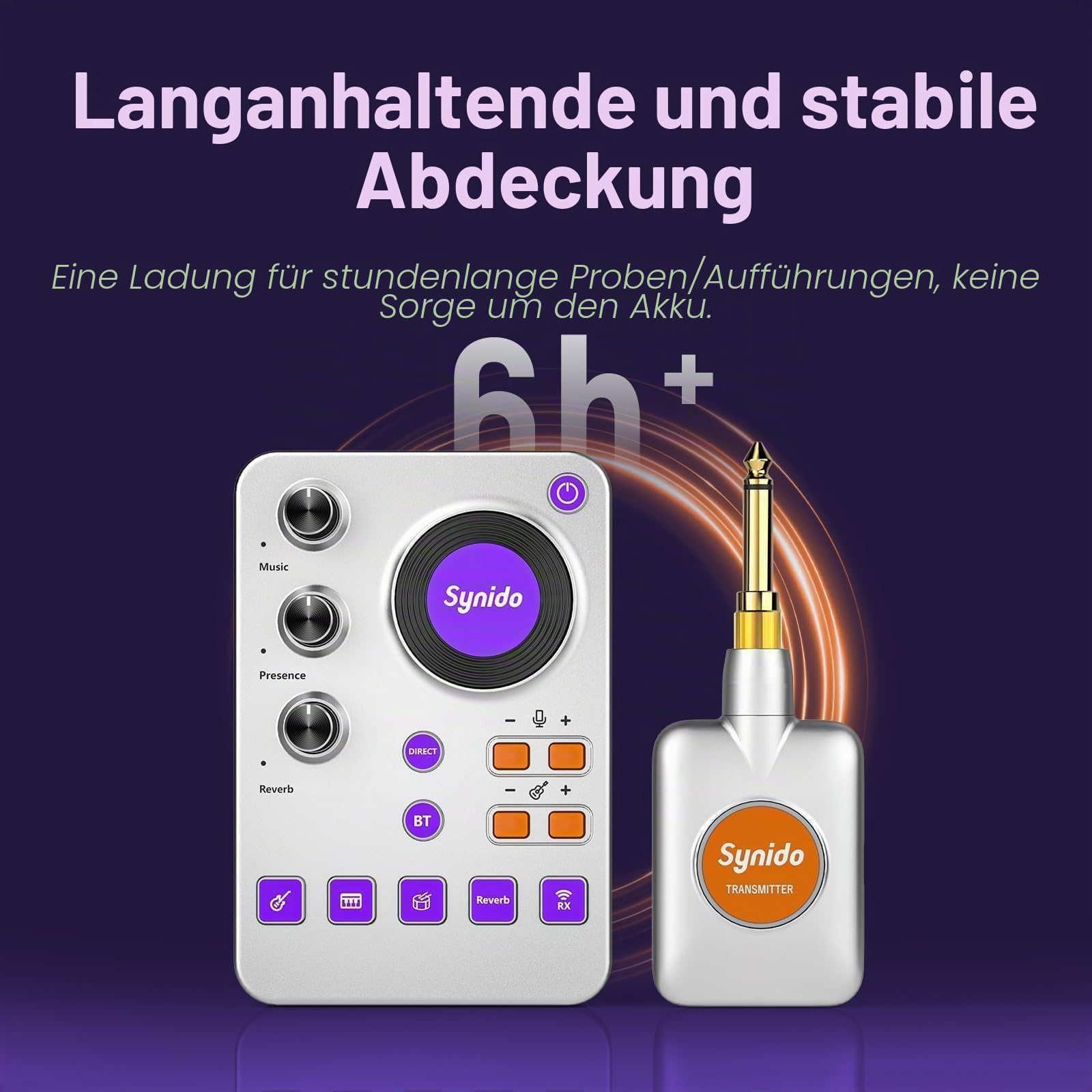 Synido Kabelloses Gitarrensystem, 5,8 GHz, wiederaufladbar, elektrisches Musikinstrument, Sender, Empfänger mit Soundkarte, 24 Bit/96 kHz, niedrige Latenz, unterstützt Bluetooth BGM für Aufnahme | Eingebauter wiederaufladbarer Akku und leichtes tragbares