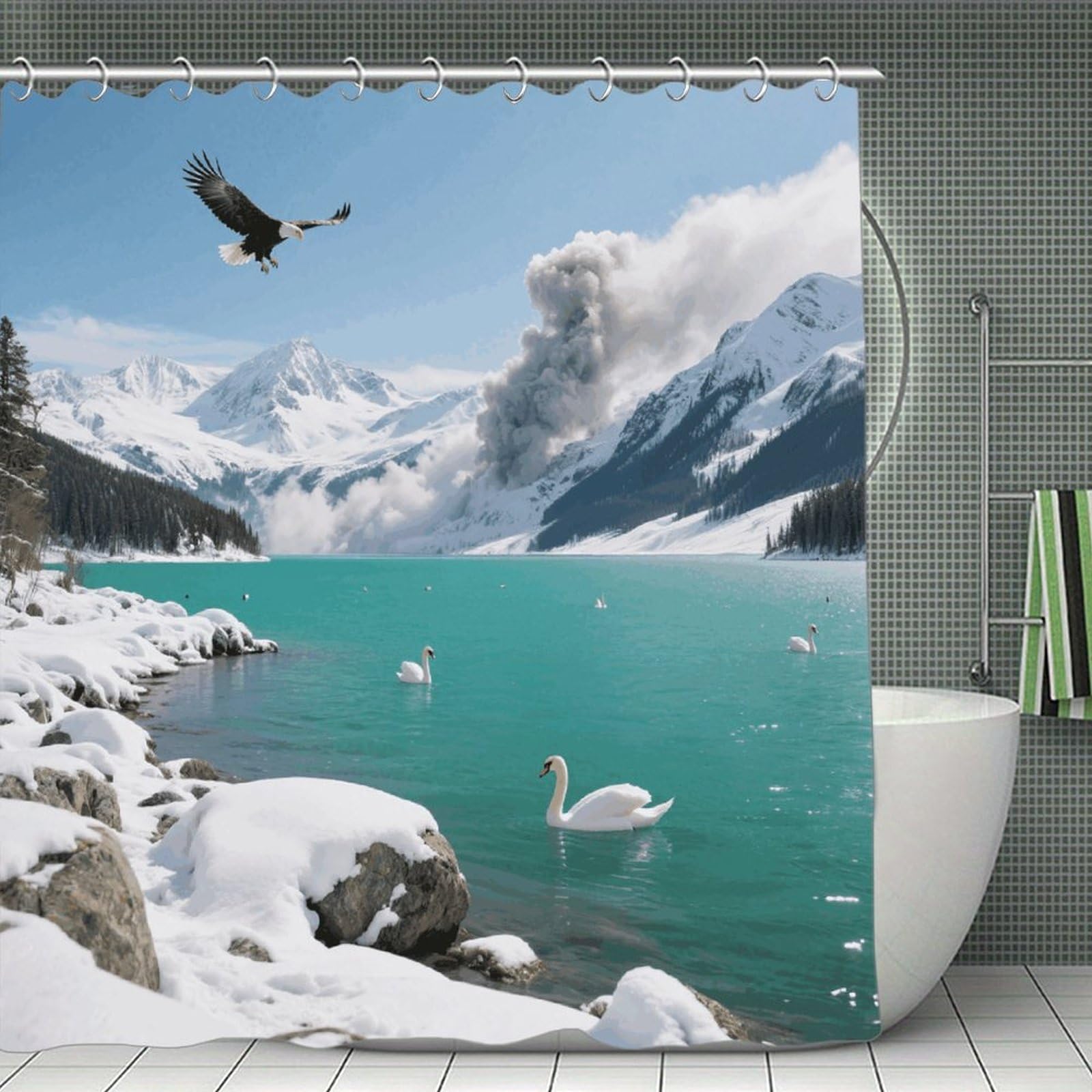 FekiLoot Alpine Lake View Shower Curtain Minimalist Aesthetic Bath Curtain with Hooks Simple Water Resistant Bathroom Shower Curtains Cute Blackout Privacy Curtains Cloth Curtain