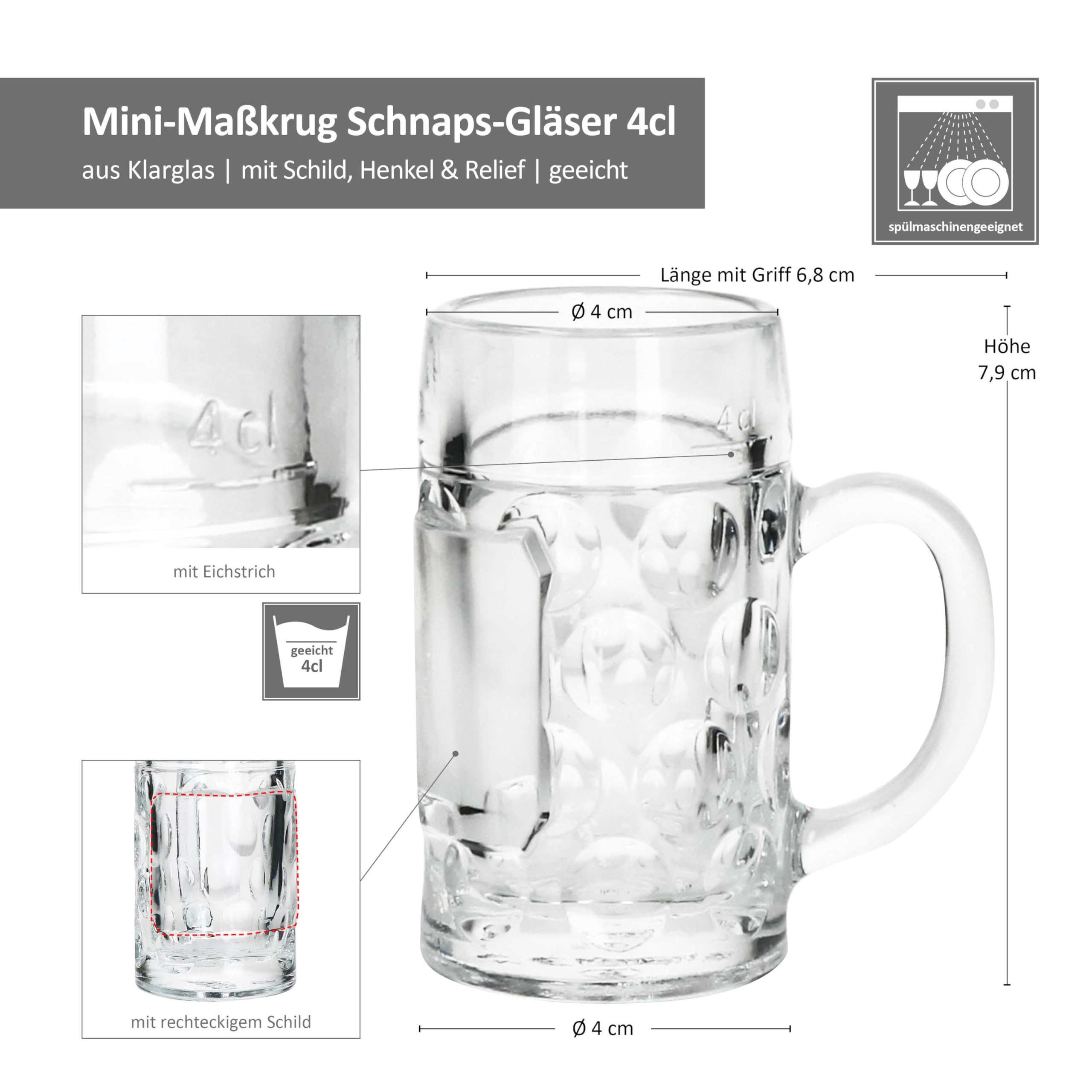 MamboCat Set di 12 mini bicchieri da liquore da 40 ml, calibrati da 4 cl, 12 persone, con mini scudo, manico e rilievo, per vodka, tequila, liquori, ecc.
