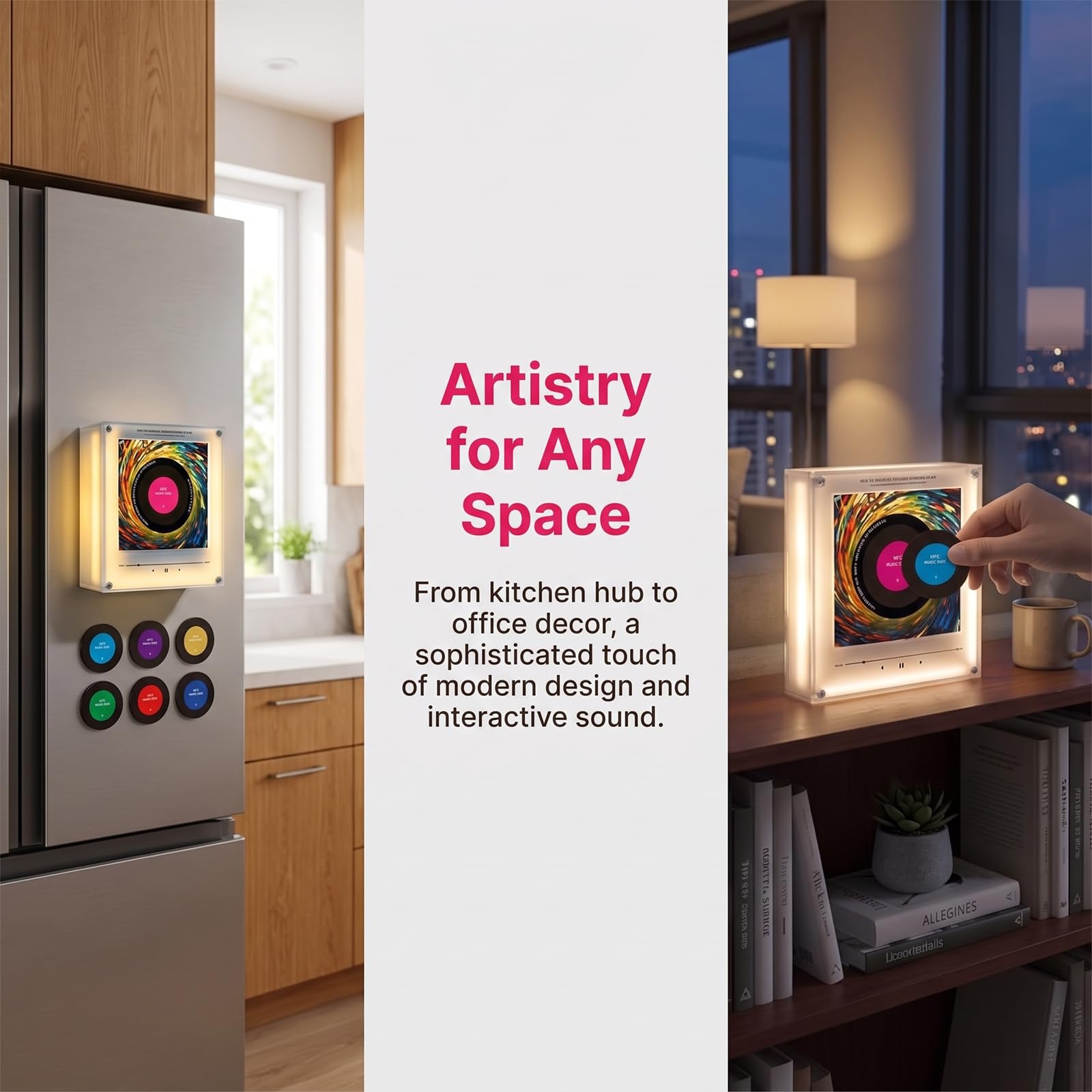 Lettore Musicale Magnetico da Frigo, Magnete per Frigorifero con Carillon, Mini Giradischi Magnetico con 9 Dischi, Jukebox Magnetico con Rotazione Ed Effetti Luminosi, 2