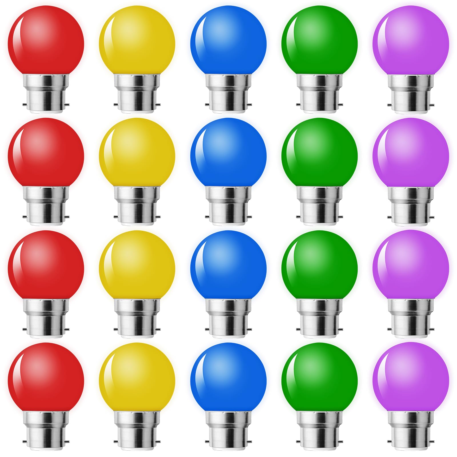 MZYOYO Pack of 20 LED B22 Bayonet Light Bulbs, Outdoor String Light Bulbs, B22 LED 1W G45, Multi Colour, 5W Equivalent, Red, Yellow, Blue, Green, Purple, for Chain, Christmas, Party Lights