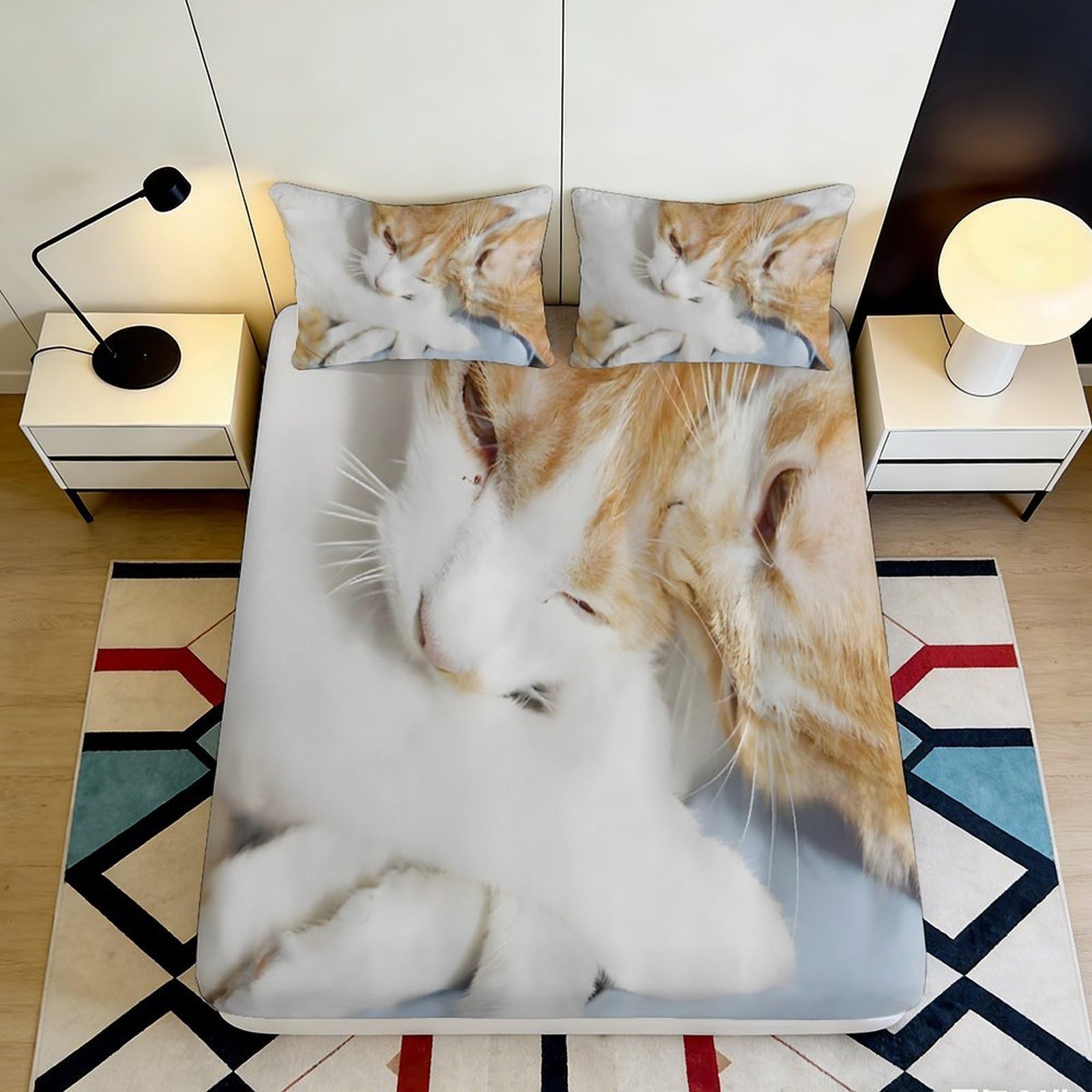 3D Printed Ginger Cat Fitted Sheet Microfiber Soft Bedroom Decor White Tabby Mattress Cover for Home Dorm 90x200x25cm
