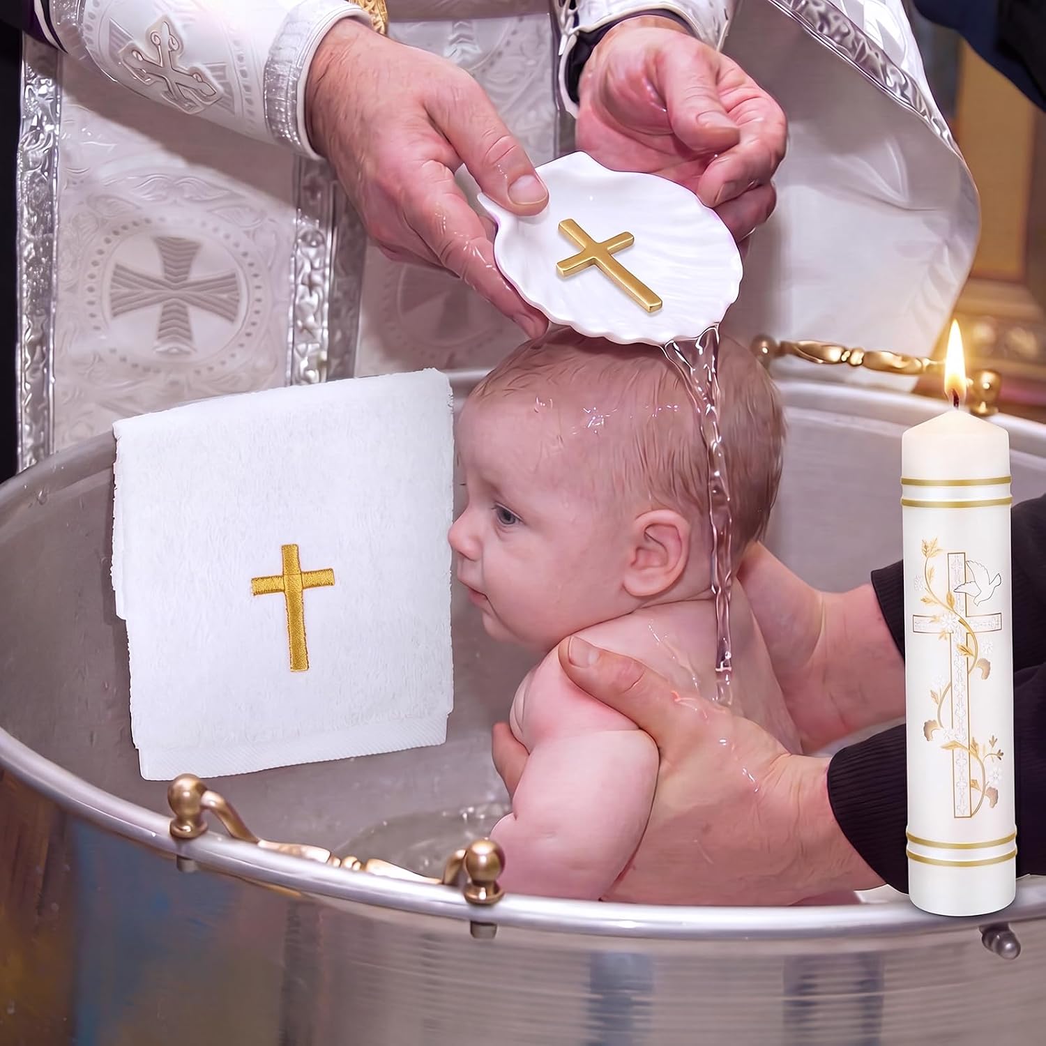 Lyrow Baptism Candle Set Complete Christening Gift Kit with Shell, Candle & Towel, White Gold Communion for Baptism, First Holy Communion, Catholic Sacraments (Simple)