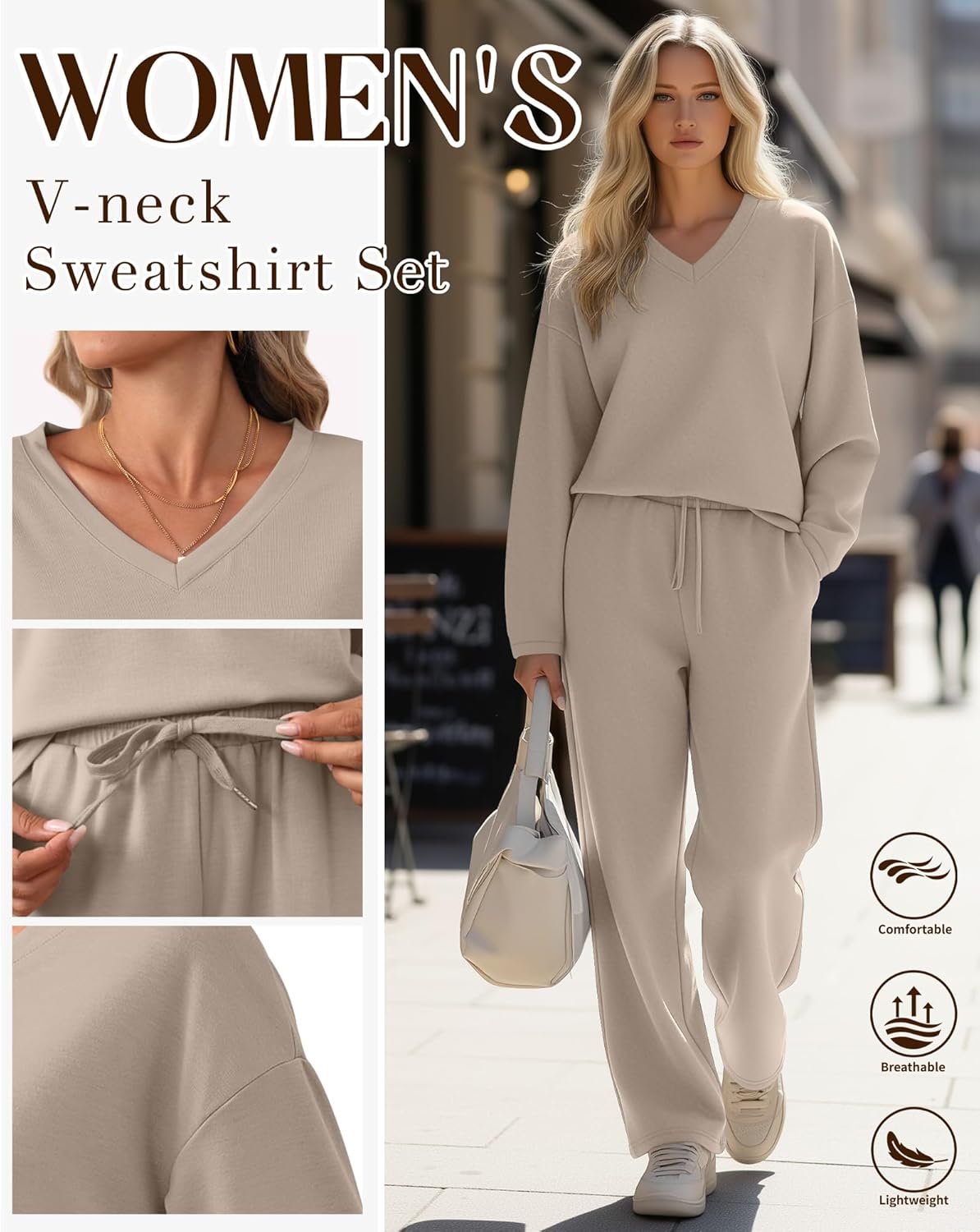 2 Piece Women's Sweatsuit, V Neck Oversized Tracksuit Wide Leg Pant Fall Lounge Set Long Sleeve Sweatshirts Outfit - Image 4