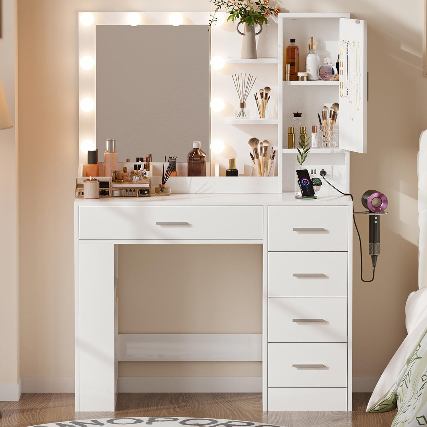 37" Makeup Vanity Desk with Mirror and Lights Makeup Vanity Table with 5 Drawers, Large Storage Cabinet & 4 Necklace Hooks, Dressing Table for Bedroom, White