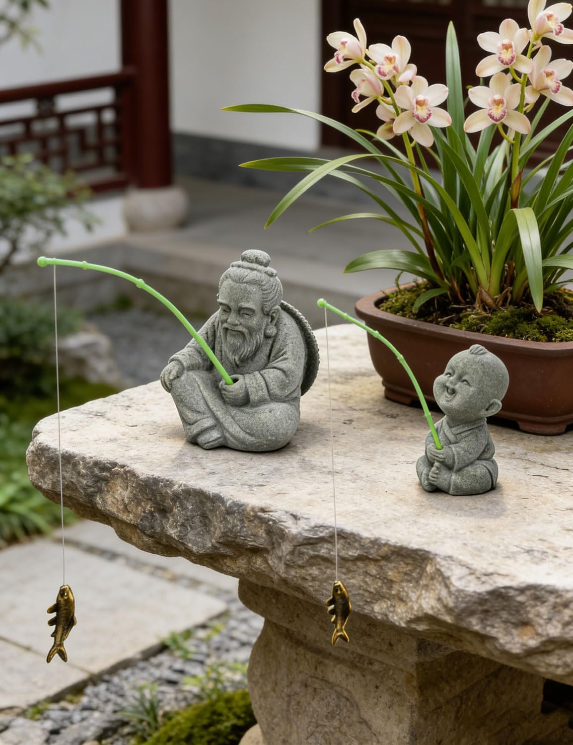 2PCS Sitting Fishing Figurines, Cute Old Man Fishing Statues, Zen Garden Decor for Potted Plants/Outdoor Spaces, Charming Chinese-Style Serenity image 4