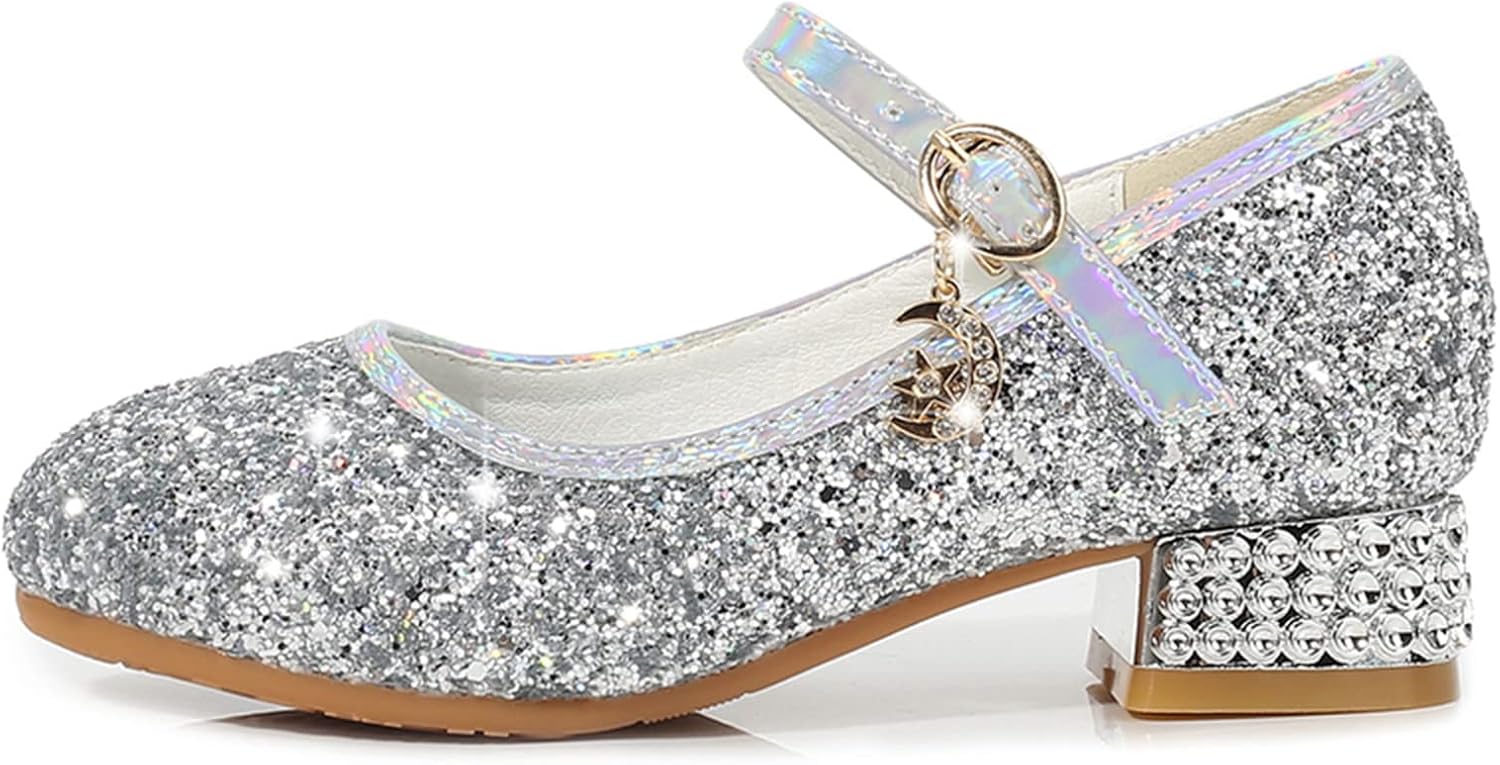 Girls Princess Heeled Shoes Glitter Rhinestone Bow Pearl Adjustable Strap Sandals Kids Low Heel Party Shoes (Grey-9, 11 Little Kid)