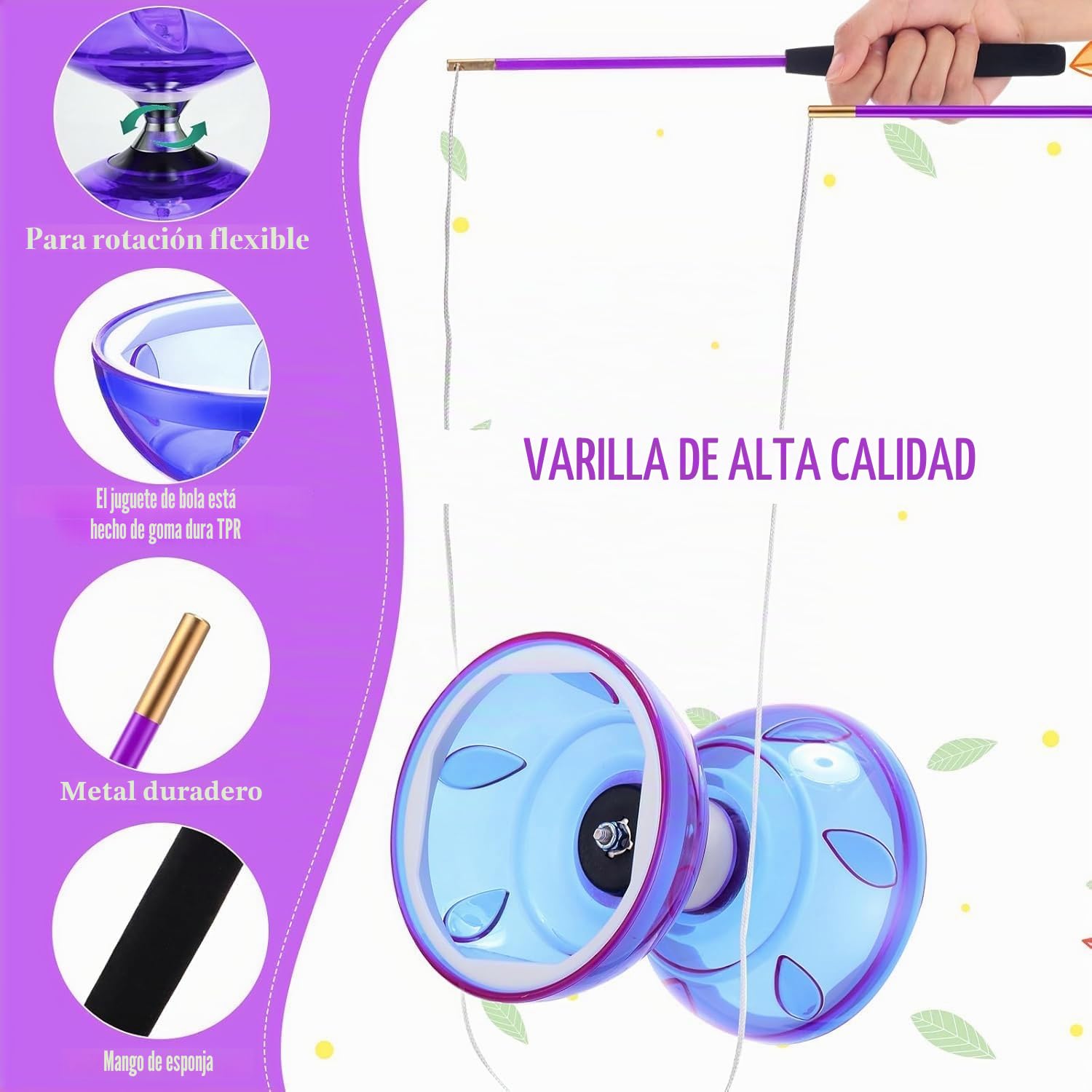 Diábolo LED con rodamiento de bolas, juego de diábolo, diábolo que brilla en la oscuridad, 4 colores de luz para niños y adultos, principiantes profesionales, rueda libre circo malabares (morado)