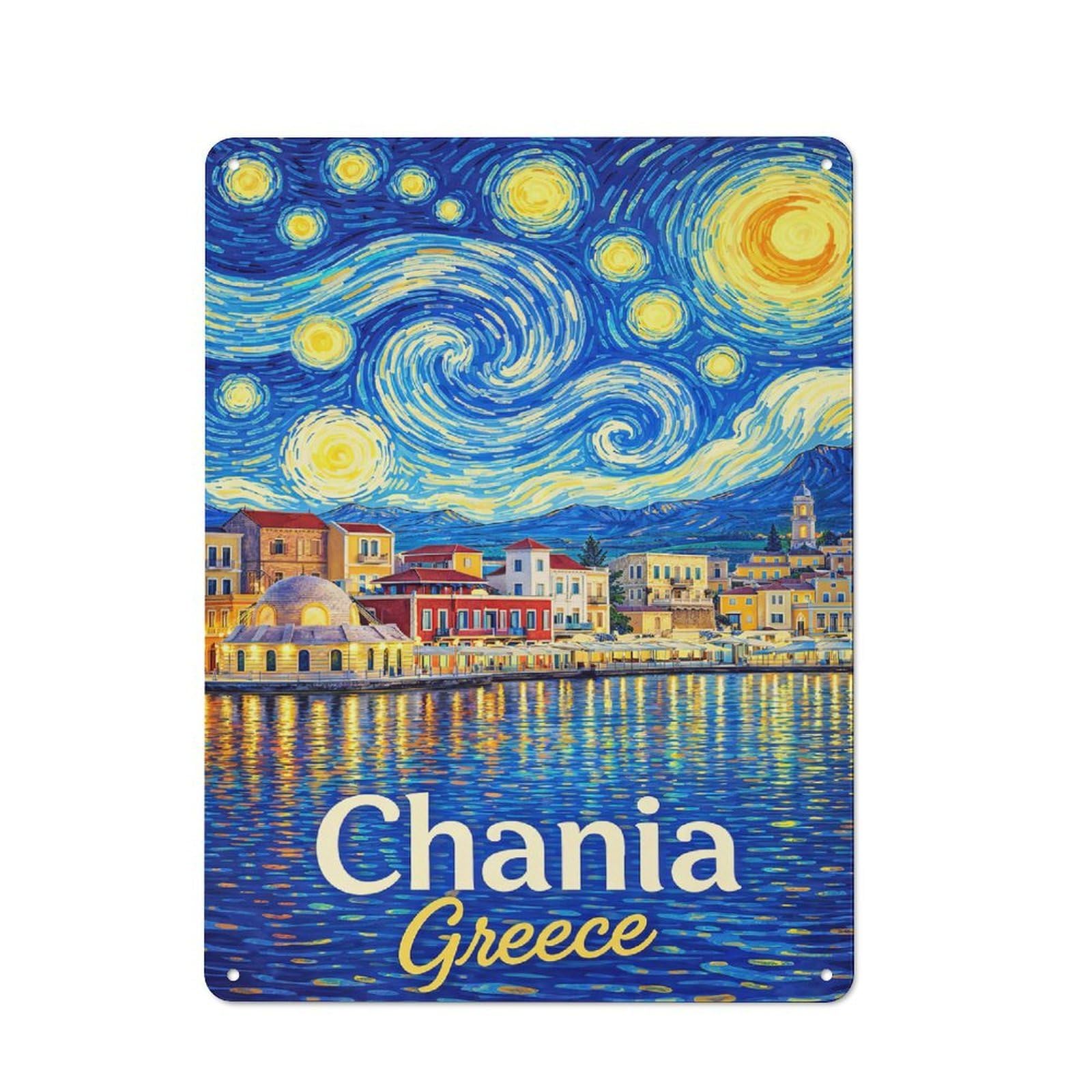 Junmoney Style-2 Vintage Tin Sign 40X30cm With Chania Greece Starry Night For Home Bar Wall, Metal Sign Decor For Home Bars And Entertaining Spaces