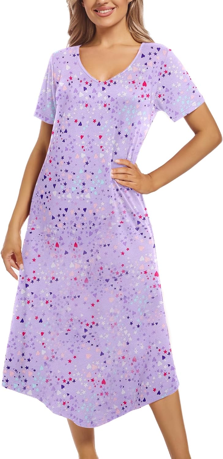 ENJOYNIGHT Womens Nightgown Short Sleeve Night Dress Long Sleepwear Gown with Pockets - Image 3