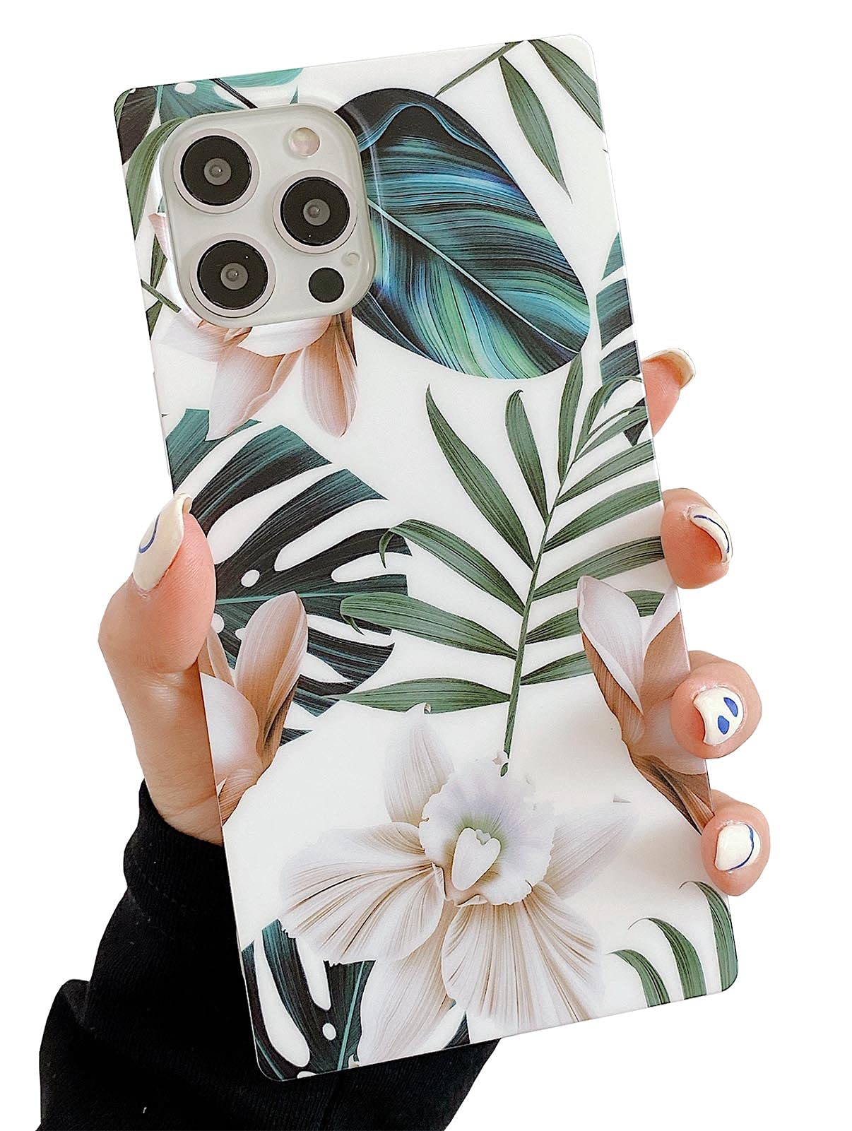 KERZZIL Cute Square Compatible with iPhone 12/12 Pro 6.1-inch Case, Slim Pretty Flower Soft TPU Silicone Gel Shockproof Protective and Durable Cases Cover Design for iPhone 12/12Pro(White Green)