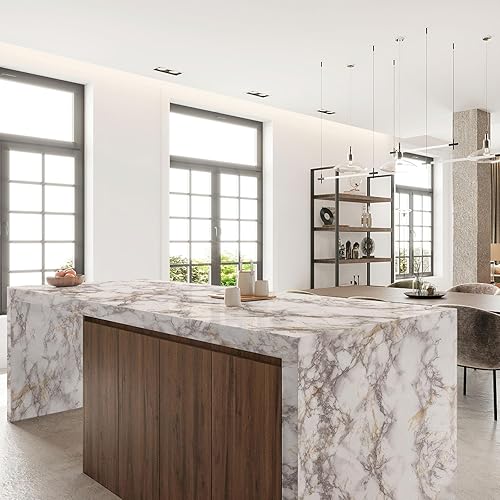 Miniatura 9 de Decoroom Papel adhesivo de mármol blanco para encimeras de 17.71 x 511.8 pulgadas, papel tapiz de mármol de granito brillante para gabinetes de