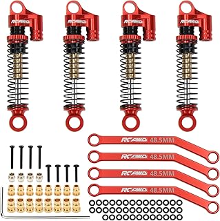 RCAWD 4x Double Long Stroke Full Alloy Front/Rear Damper Shock Absorber And 4x Linkage For Fms Eazyrc Roc Hobby Fcx24 1-24 And 1-18 Crawlers(Red)
