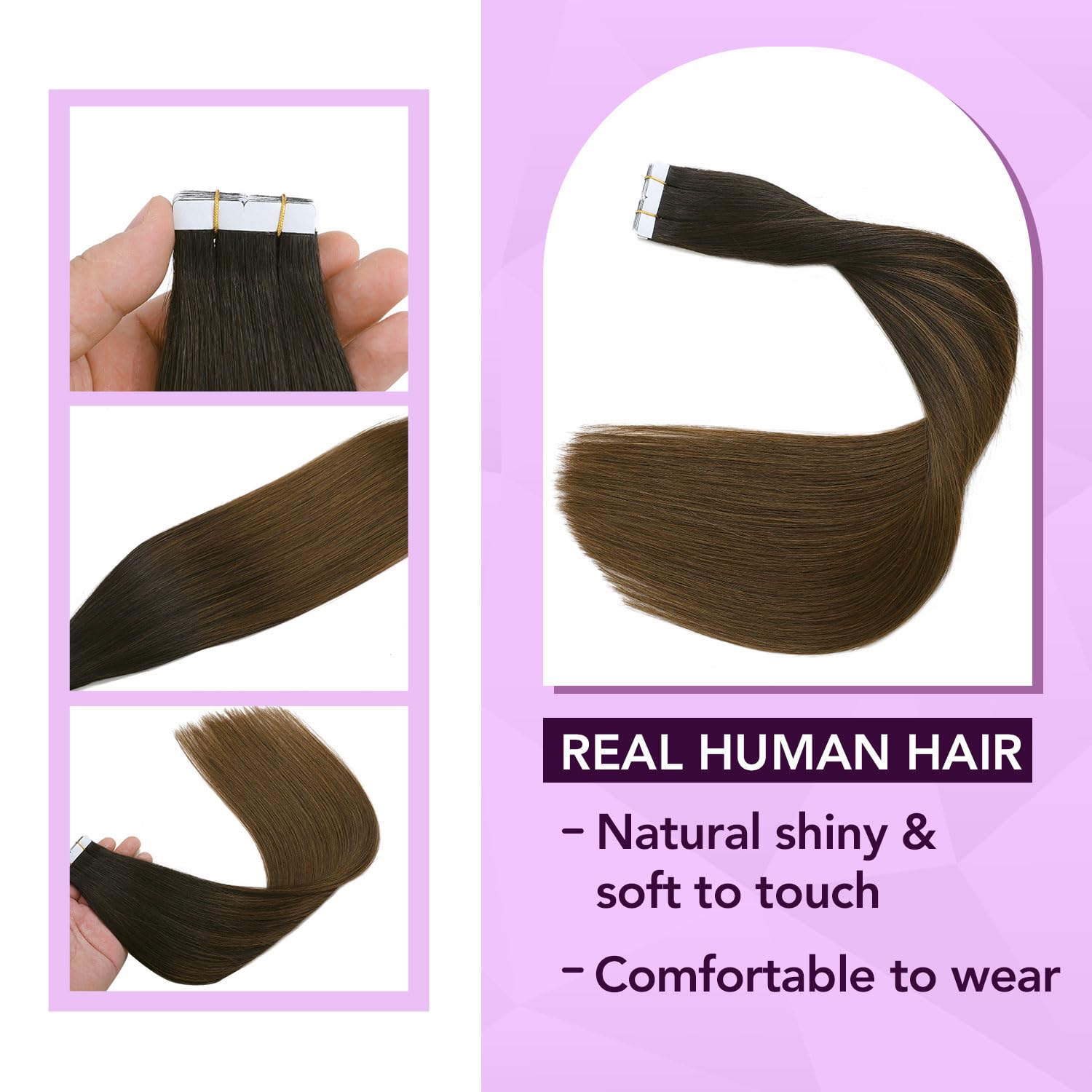 Sindra Tape in Hair Extensions Natural Black Fading to Medium Brown Color #1BT4 Remy Human Hair 20 Inch 50g Seamless PU Skin Weft Tape in Extensions #1BT4 20inch - Image 4