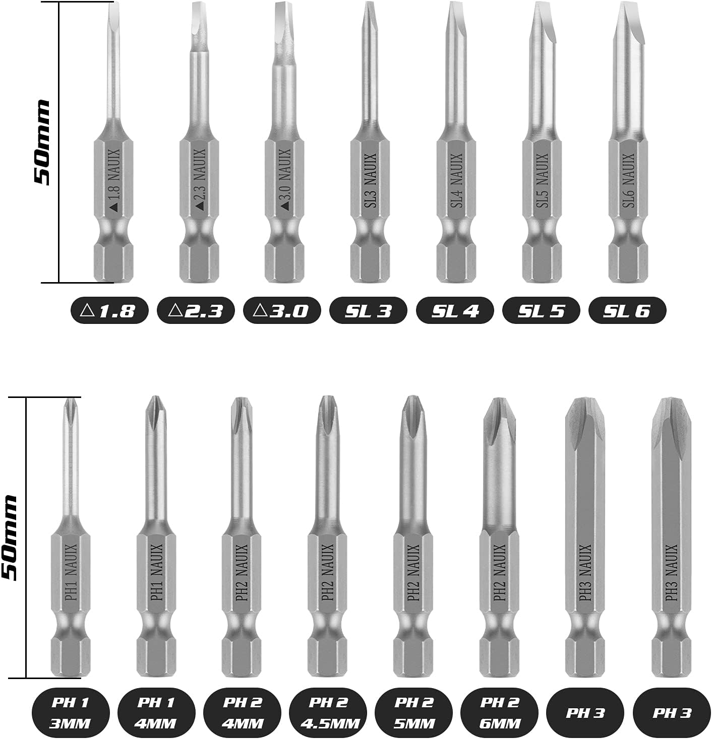 15 Piece Slotted Phillips Triangle Screwdriver Bit Set, 1/4 Inch Hex Shank S2 Steel Magnetic 2 Inch Long Drill Bits