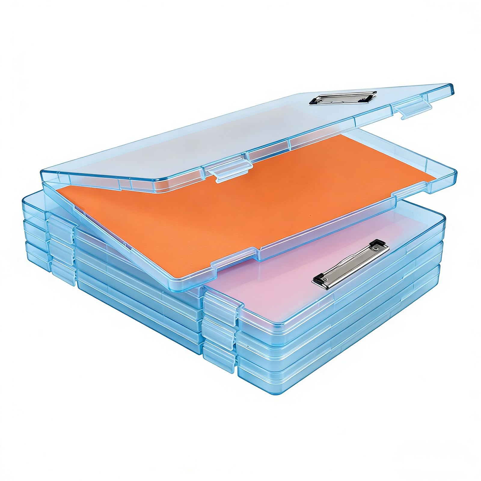 Portablocco con contenitore, portablocco in plastica blu trasparente con apertura laterale, impermeabile, pieghevole, resistente, per scuola e ufficio, formato lettera, formato A4, con adesivi