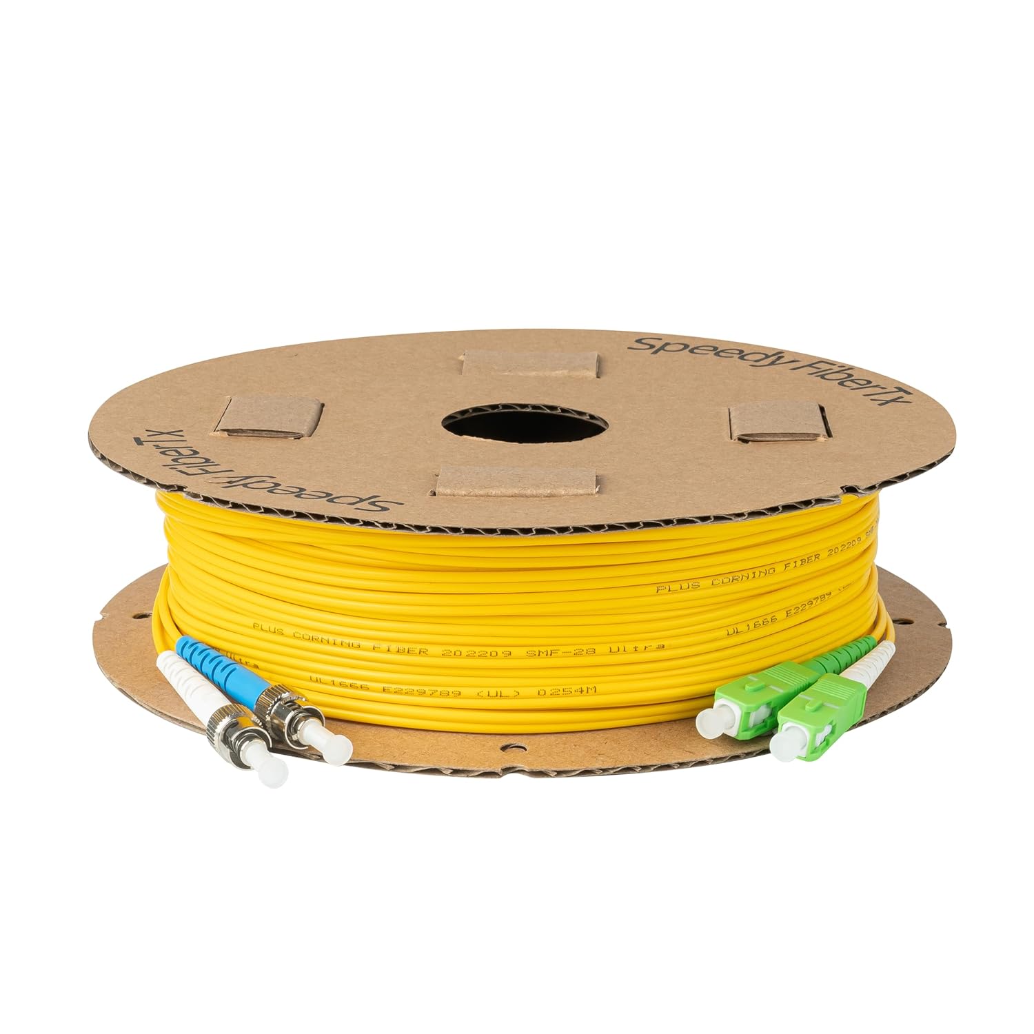 SpeedyFiberTX 1-Pack 6 Meter SC/A to ST/U Fiber Optic Patch Cable, Green, Blue, and White Boots, Corning SMF-28 Ultra Single-Mode 9/125um Optical Fiber, Duplex Yellow Riser OFNR Cable Jacket