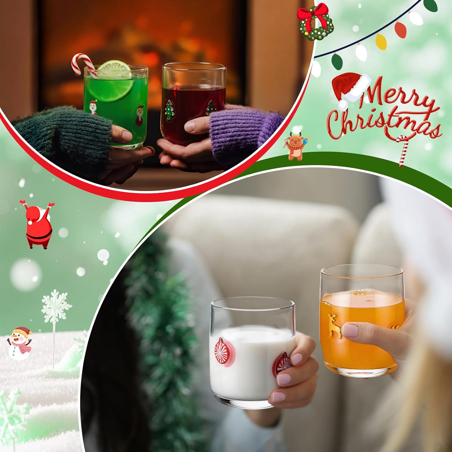 4 Pcs Christmas Icon Juice Glass Cups 14 oz Christmas Tree Santa Claus Elk Xmas Balls Holiday Party Whiskey Glass for Holiday Drinkware Home Decor Lovely Gifts